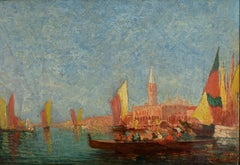 Venice Canal Oil Painting on Paperboard, 19th Century, Gilt Frame