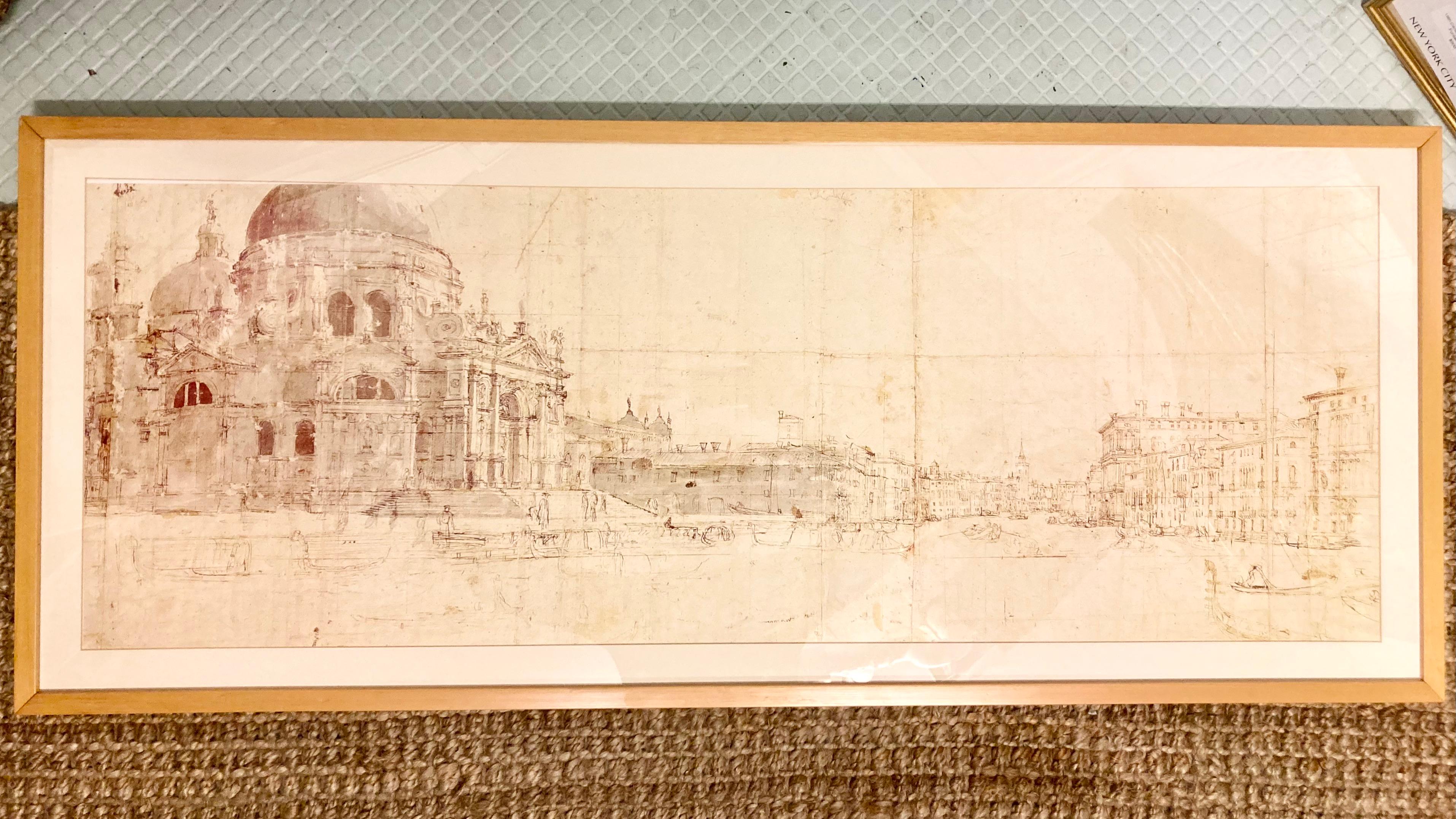 Beautiful Venice rectangular etching art piece in original frame. Very unusual sepia tone etching. Nice modern simple natural wood frame. Great addition to your classical inspired interiors. 