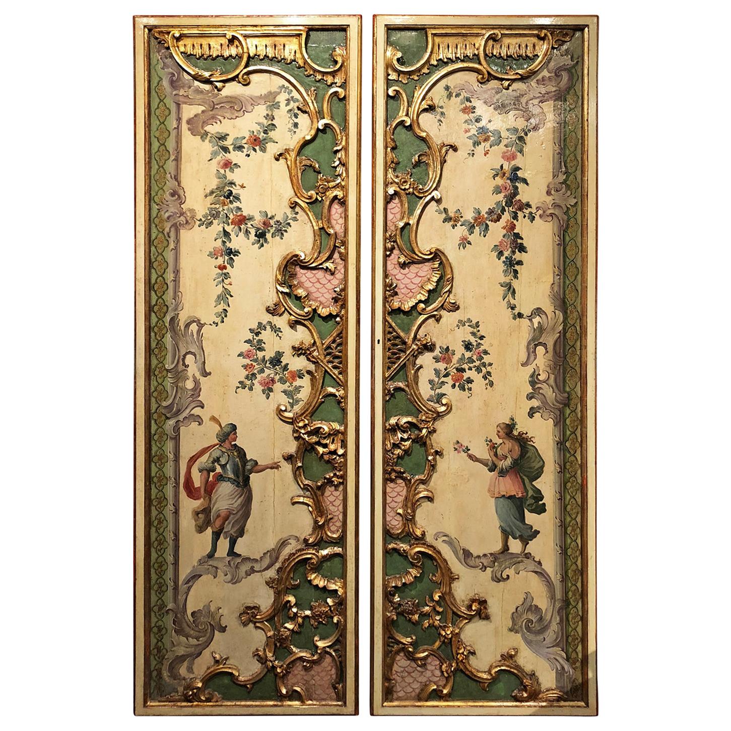 Venice Late 18th Century Pair of Baroque Lacquered Wooden Door Panels