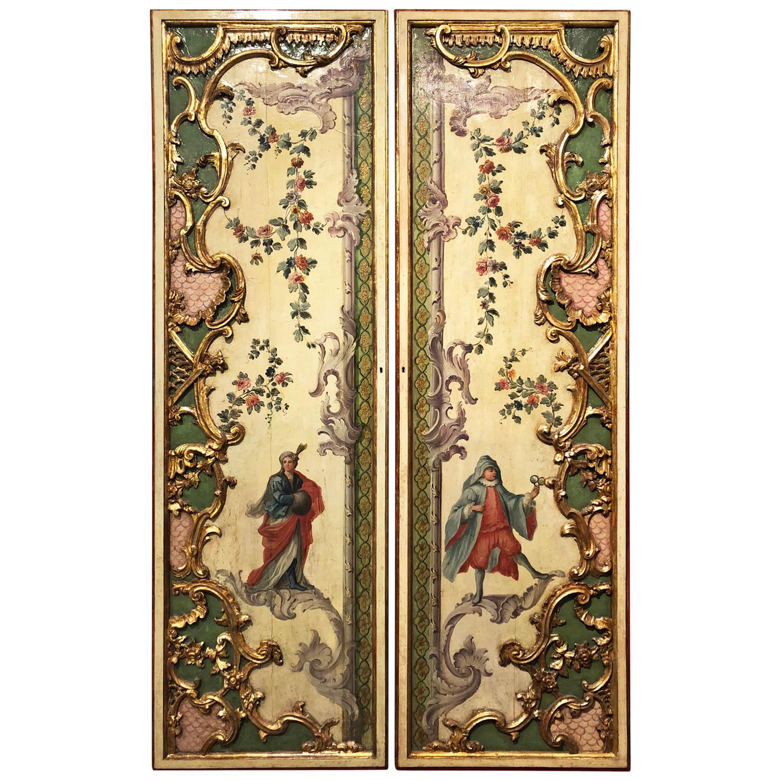 Venice Late 18th Century Pair of Baroque Lacquered Wooden Door Panels
