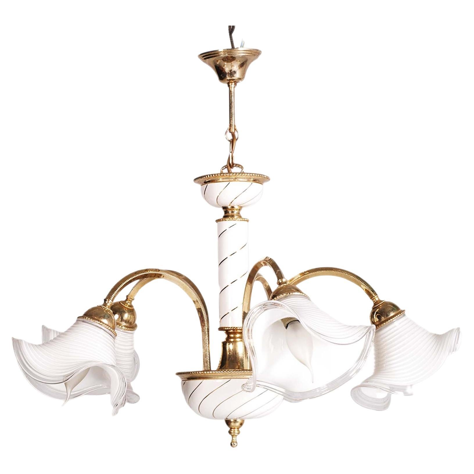 Venice Murano Glass Chandelier Mazzega 1970s, 5 Lights, Golden Metal Milky Glass For Sale