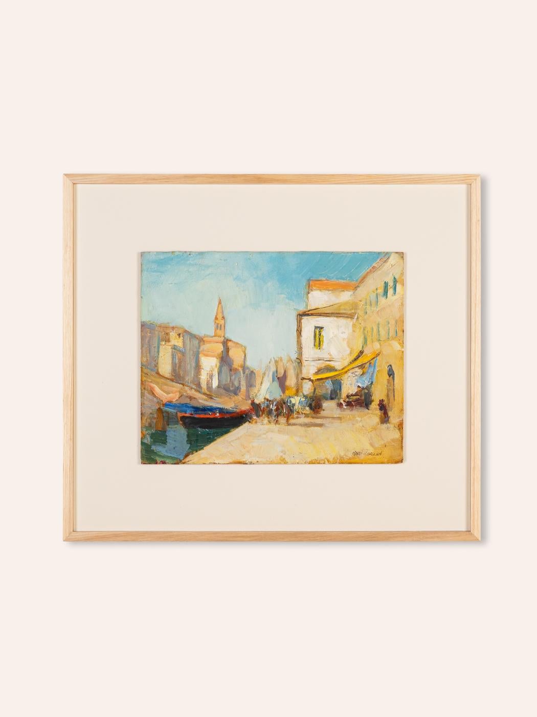 Peinture d'une ruelle de Venise de manière expressionniste avec des couleurs vives. Huile sur plaque. Collé sur une plaque de bois peinte en blanc dans un cadre en bois de frêne. Prêt à être accroché.