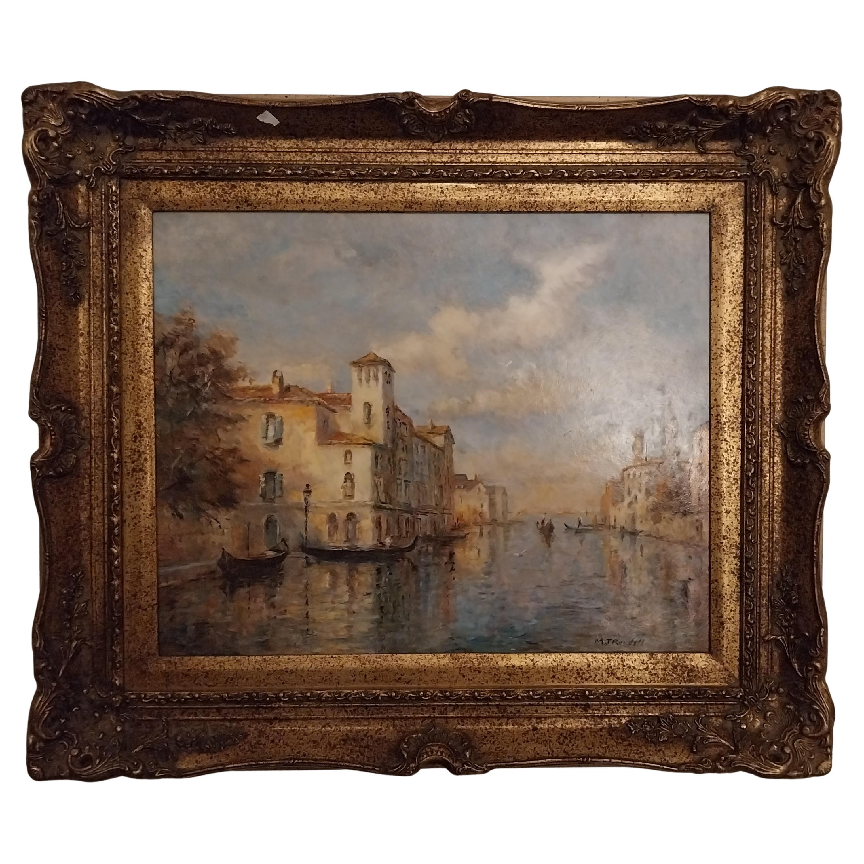 Pittura a olio di Venezia Scena di canale veneziano