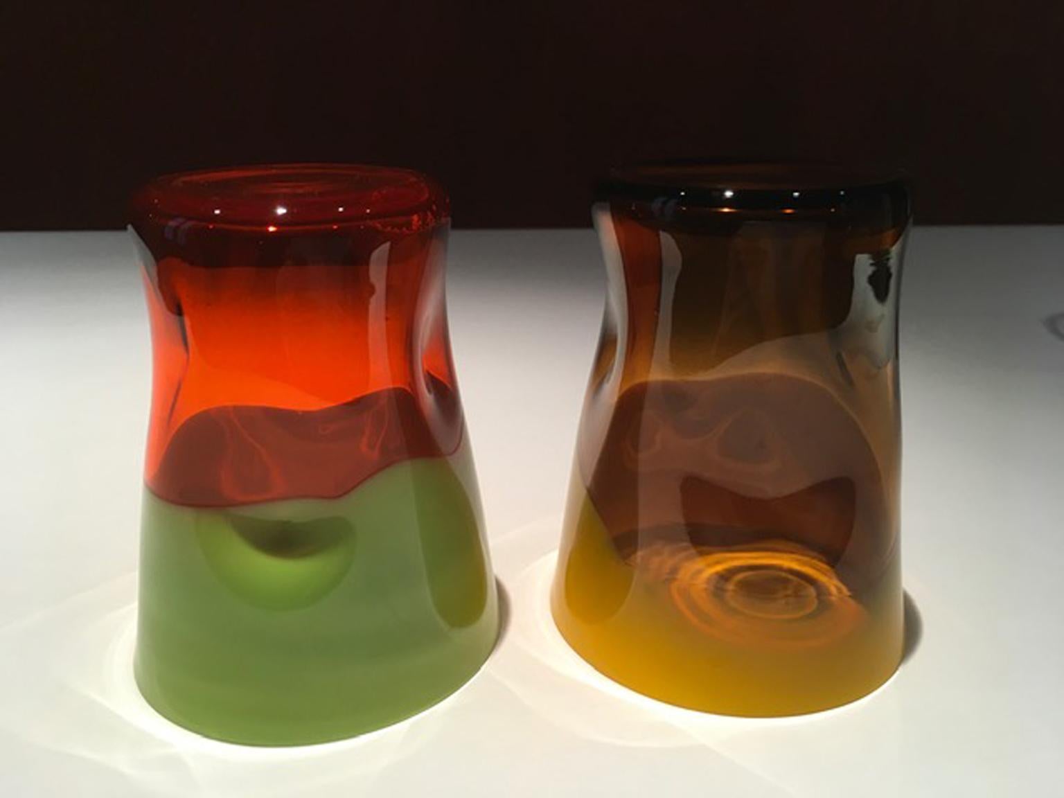 Glass Venice Pair of Murano Gobelets Abstract Form in Orange Amber Green Colors