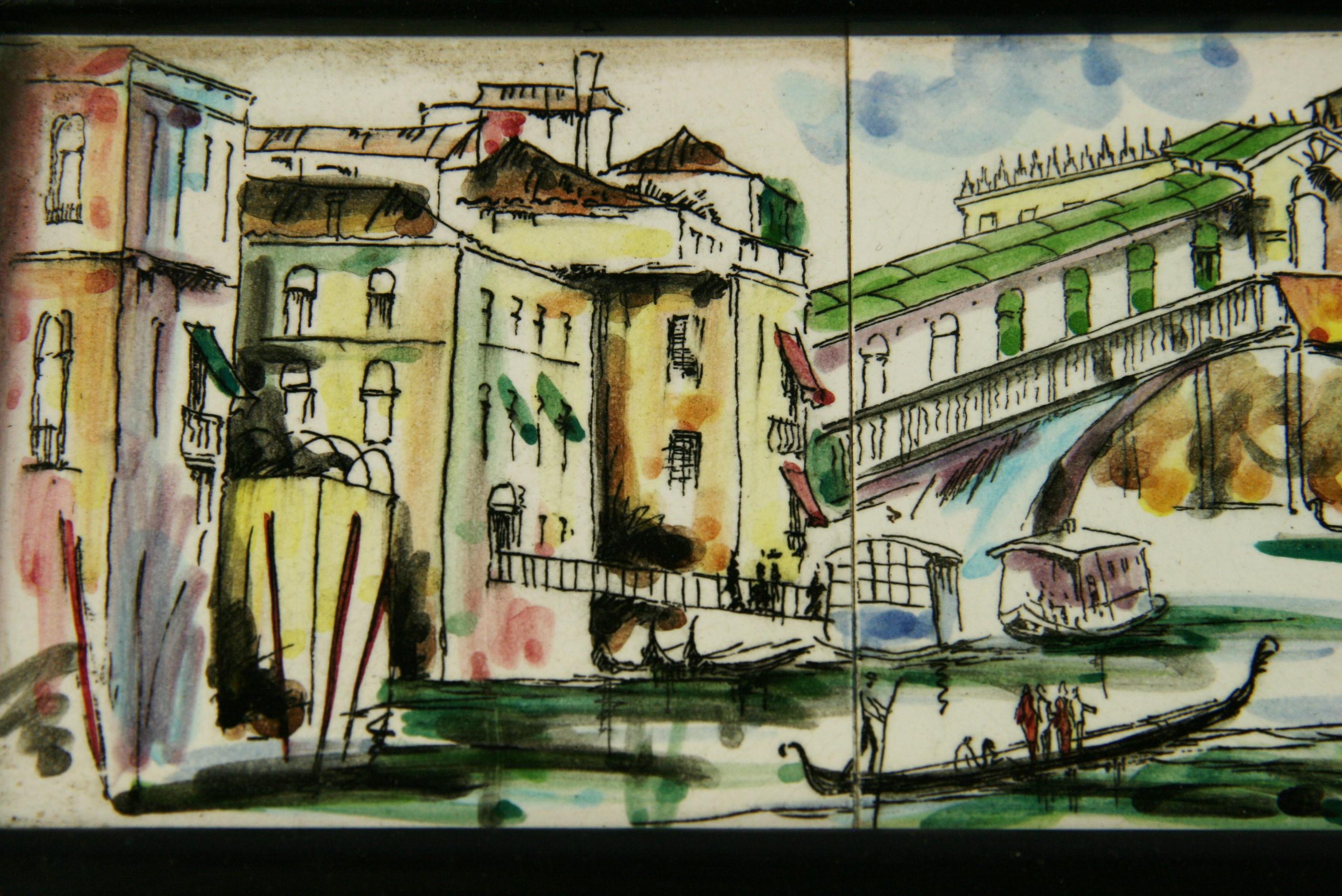 Late 20th Century Venice Rialto Bridge Hand Painted Tiles Folk Art Plaque