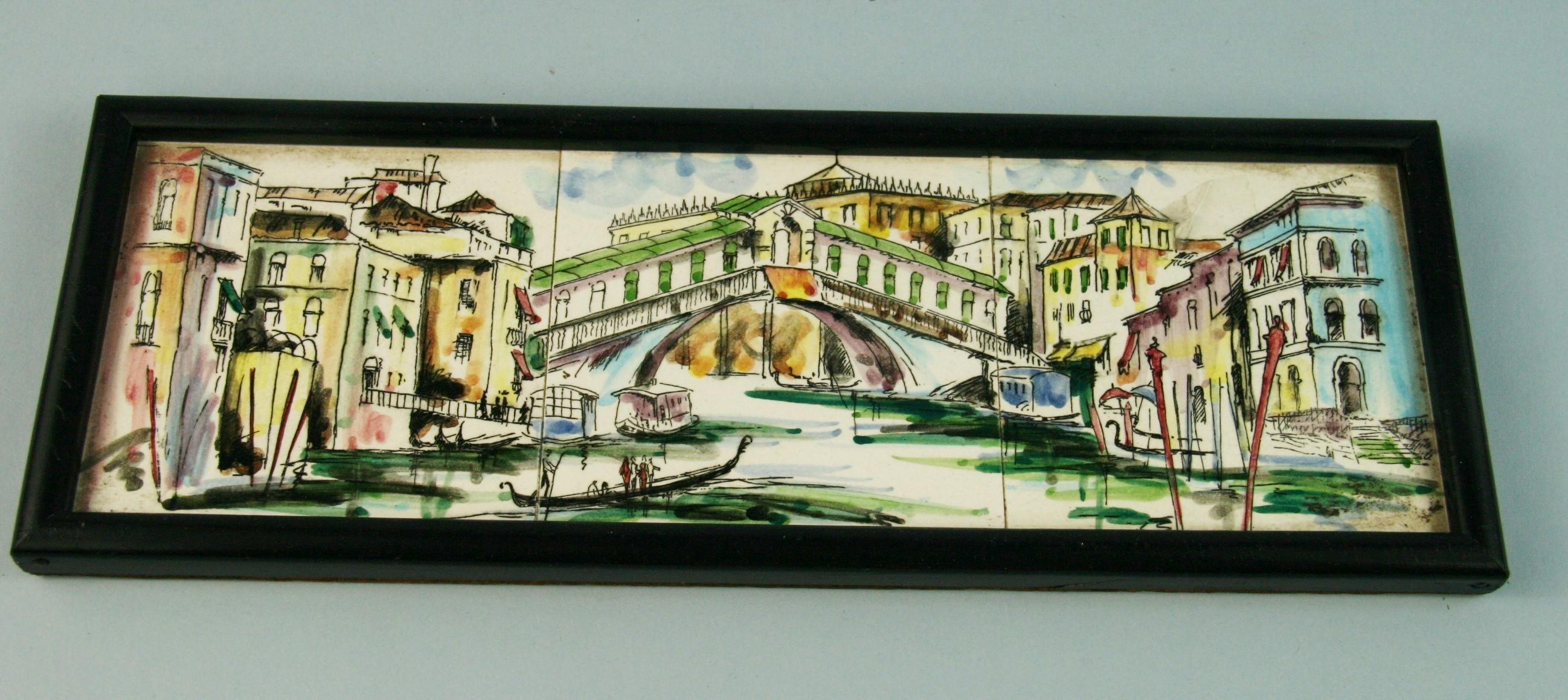 Venice Rialto Bridge Hand Painted Tiles Folk Art Plaque 1