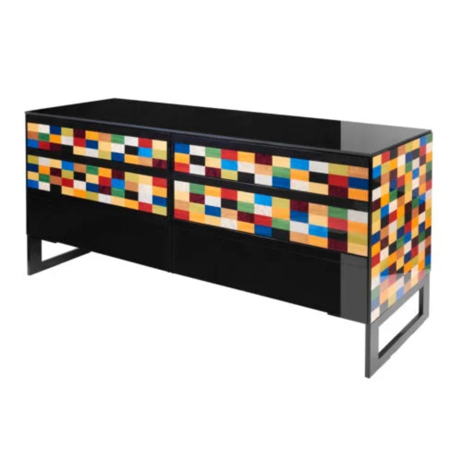 Venice Rialto Chest of Drawers by Morici
Dimensions: W 182.5 x D 64 x H 81.5 cm
Materials: Wood, Glass, Alcantara, Metal.
Finish : Multi-layer polyurethane polish. 

Chest of drawers with 6 drawers, lined internally in black Alcantara with a