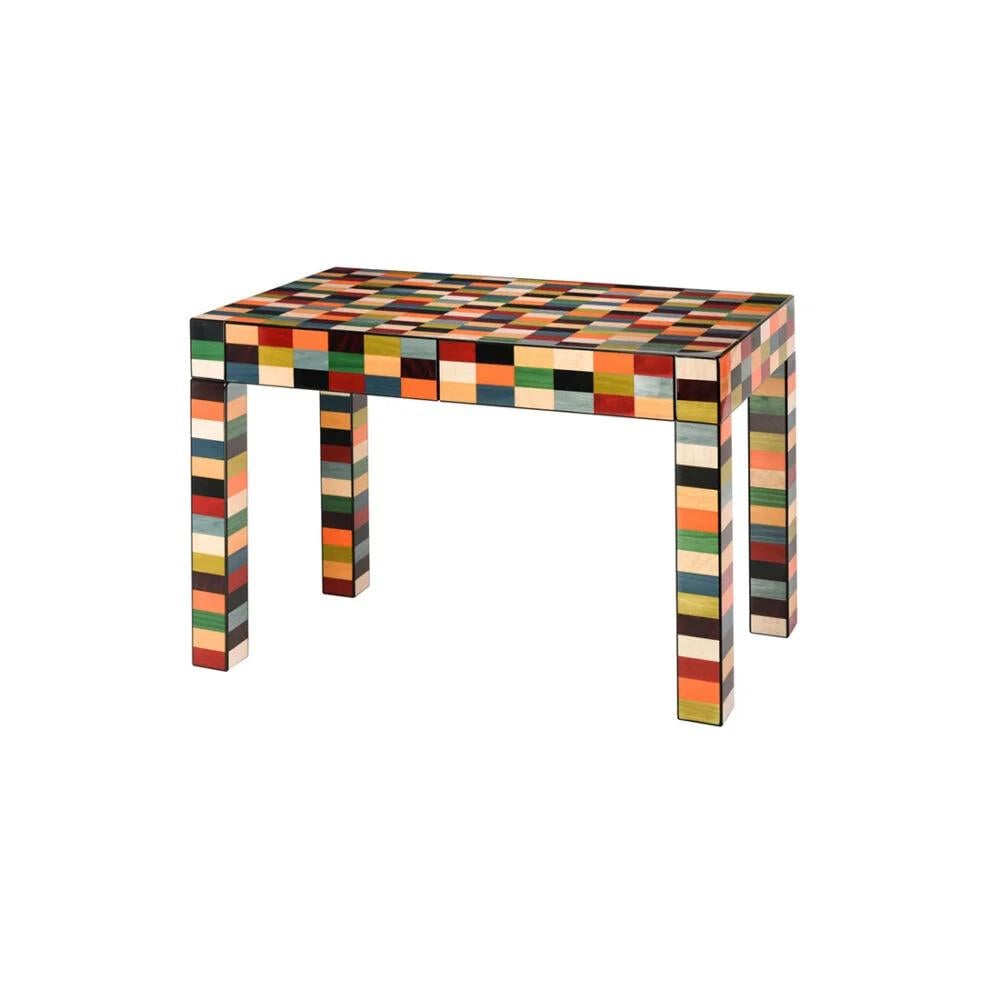 Venice Rialto Desk by Morici
Dimensions: W 113 x D 65 x H 77 cm, Drawers : 42×43 H6 covered in Alcantara.
Materials: Wood, black Alcantara, inlay veneer.
Finish : Gloss brushed polyester.

This desk will elegantly enhance any modern interior.
