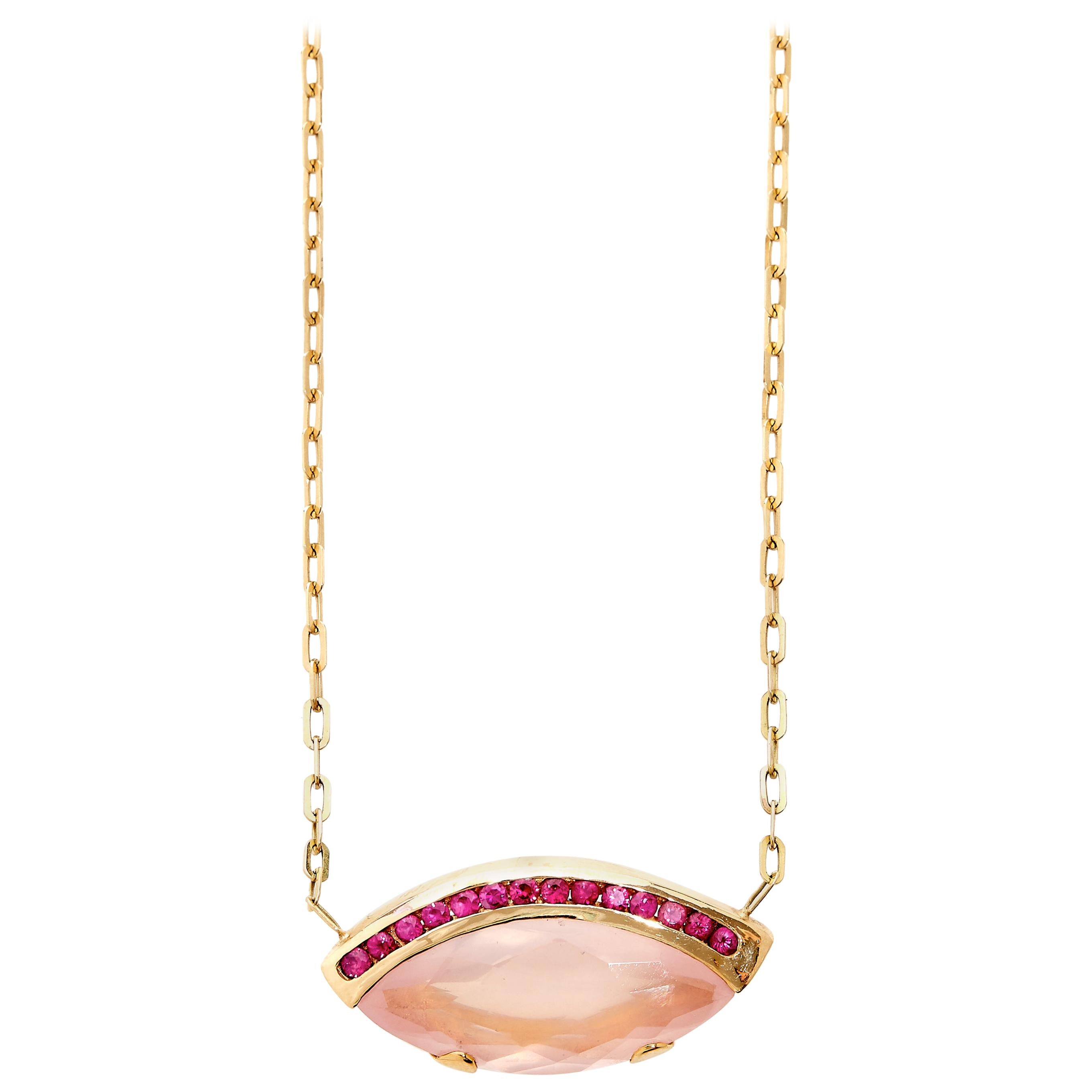Venice, Rose Quartz and Ruby, yellow gold, neckless, marquise For Sale