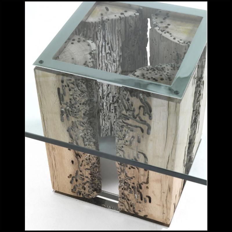 They were underwater and now they are under glass.
The side table VENISE is made with 4 real pieces of oak 
poles implanted in venice channels, fixed on stel base.
Square clear glass top.
Available in Round side table, on request.