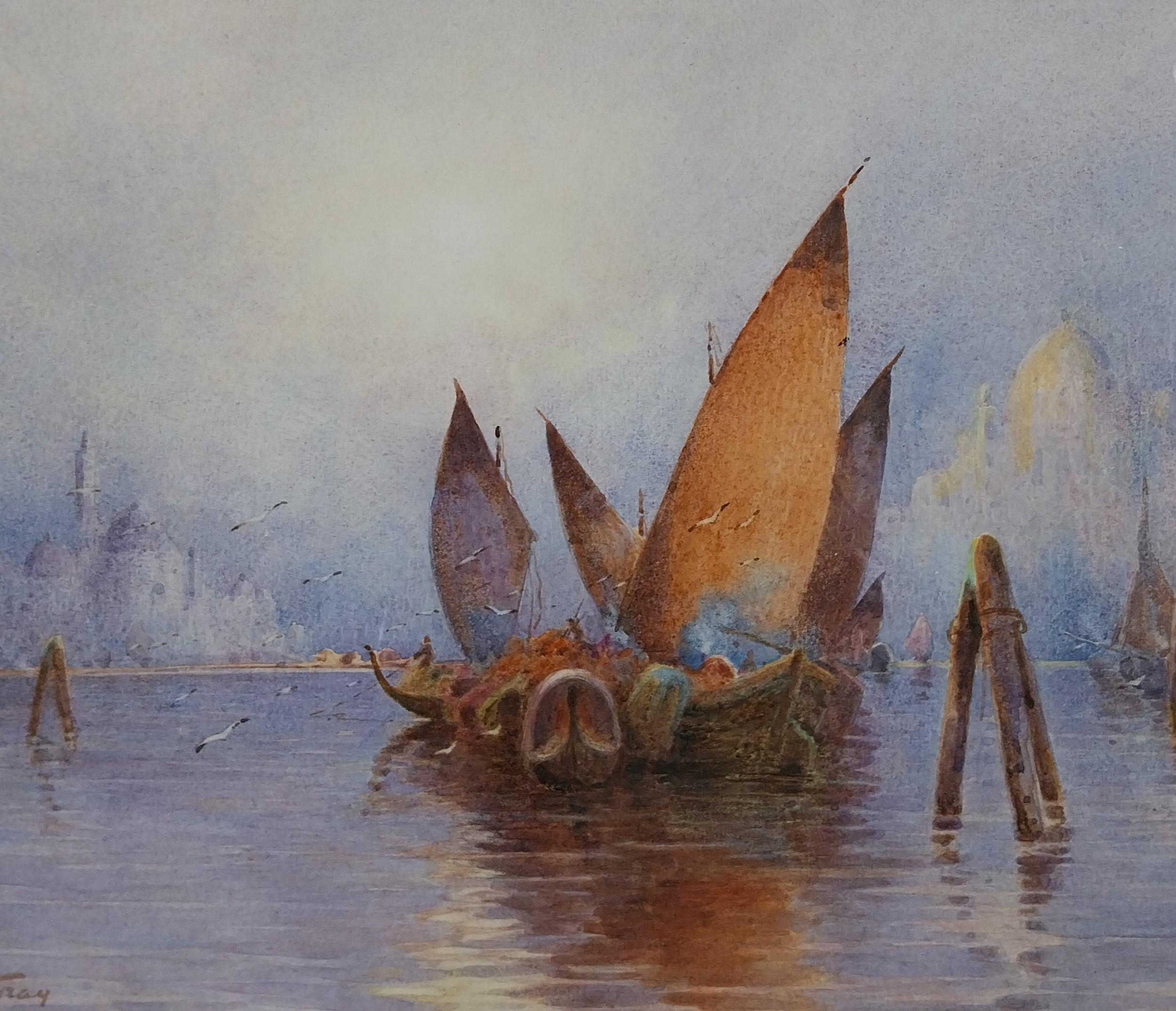 Venice Water colour painting by John Abernethy Lynas Gray (1869-1937) ''Betwixt The Light'' Venice with Gondolas in the for ground.
Signed lower left and dated 1922.
Lovely and un faded colours in Gilt Frame.
Picture size 45cm x 30cm
Frame size 61cm