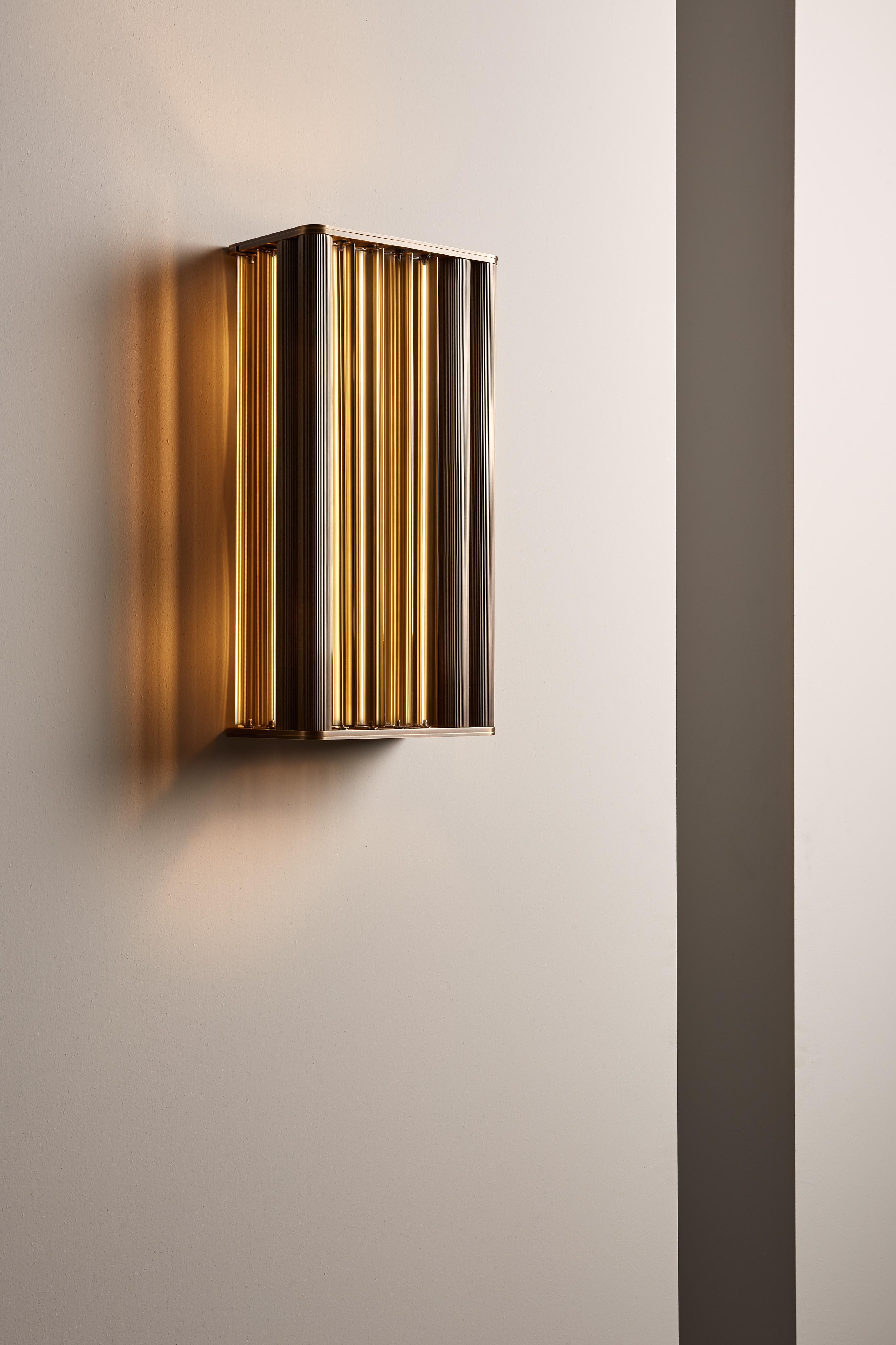 Wall lamp with diffused light. Dark burnished brass structure. Crystal, amber or smoke grey Murano blown glass trihedrons. 
Specifications: 
Function: Wall 
Location: Interior 
Light Emission: Diffused light 
Light Source: LED strip 6W 24V