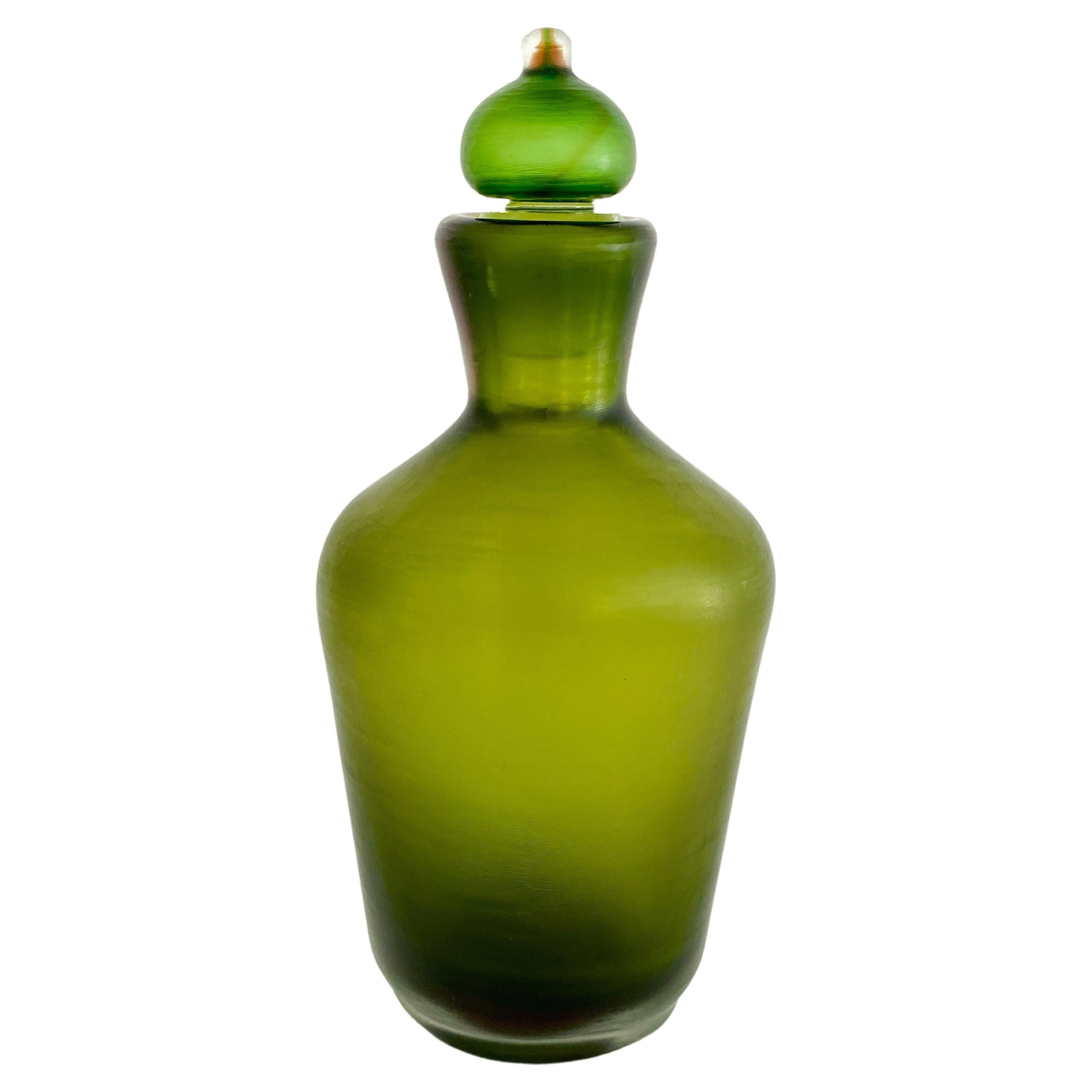 Venini Sommerso Inciso Green Glass Bottle and Stopper For Sale