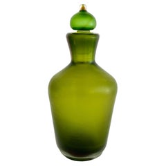 Retro Venini Sommerso Inciso Green Glass Bottle and Stopper