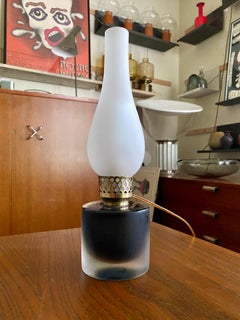 Venini 12" Sommerso Inciso Blue / Amber Lamp, Three Line Acid Etched