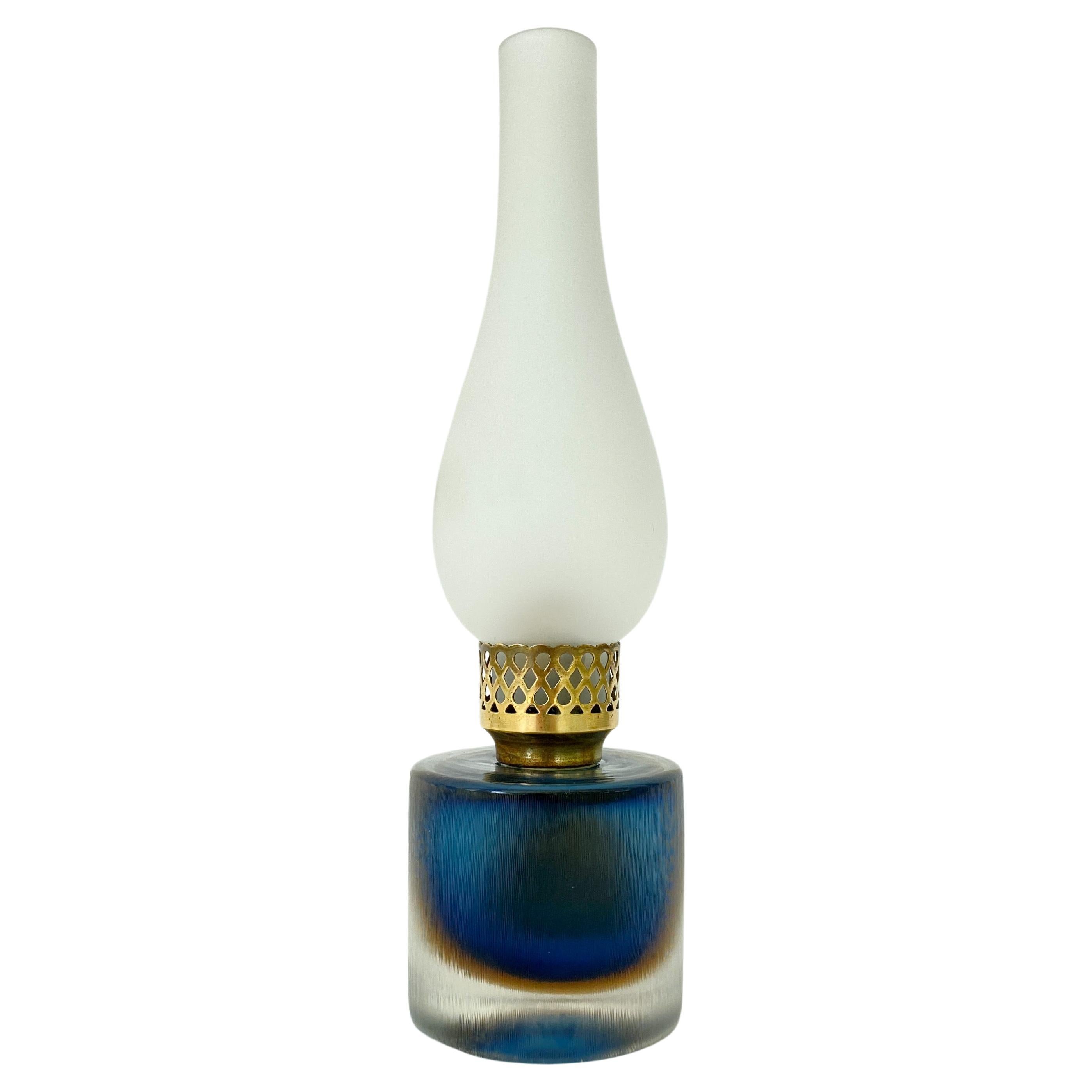 Venini 12" Sommerso Inciso Blue / Amber Lamp, Three Line Acid Etched For Sale