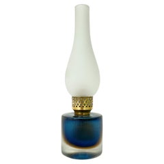 Venini 12" Sommerso Inciso Blue / Amber Lamp, Three Line Acid Etched