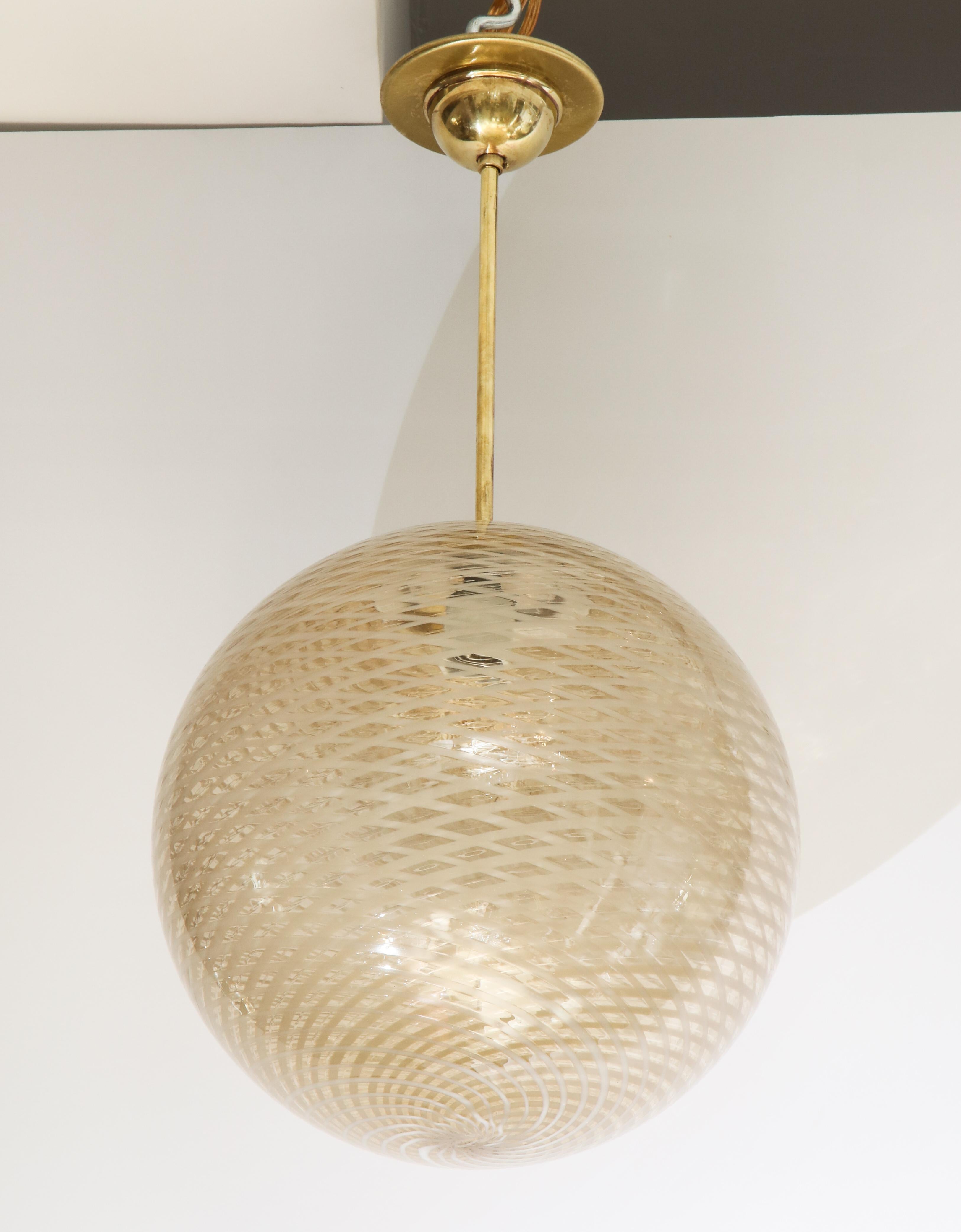 Venini Gold and Cream Italian 1930's Reticello Glass Globe Chandelier 2