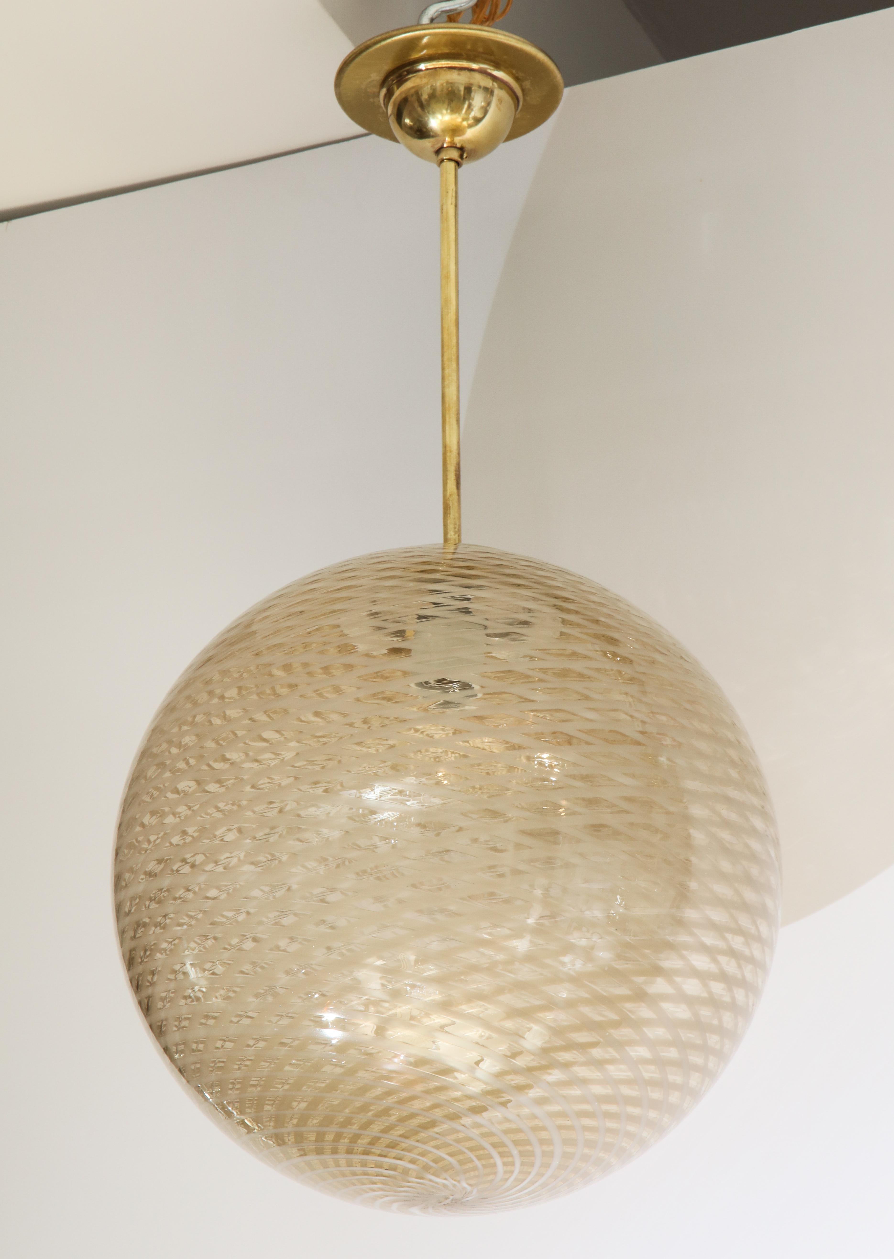 Venini Gold and Cream Italian 1930's Reticello Glass Globe Chandelier 3
