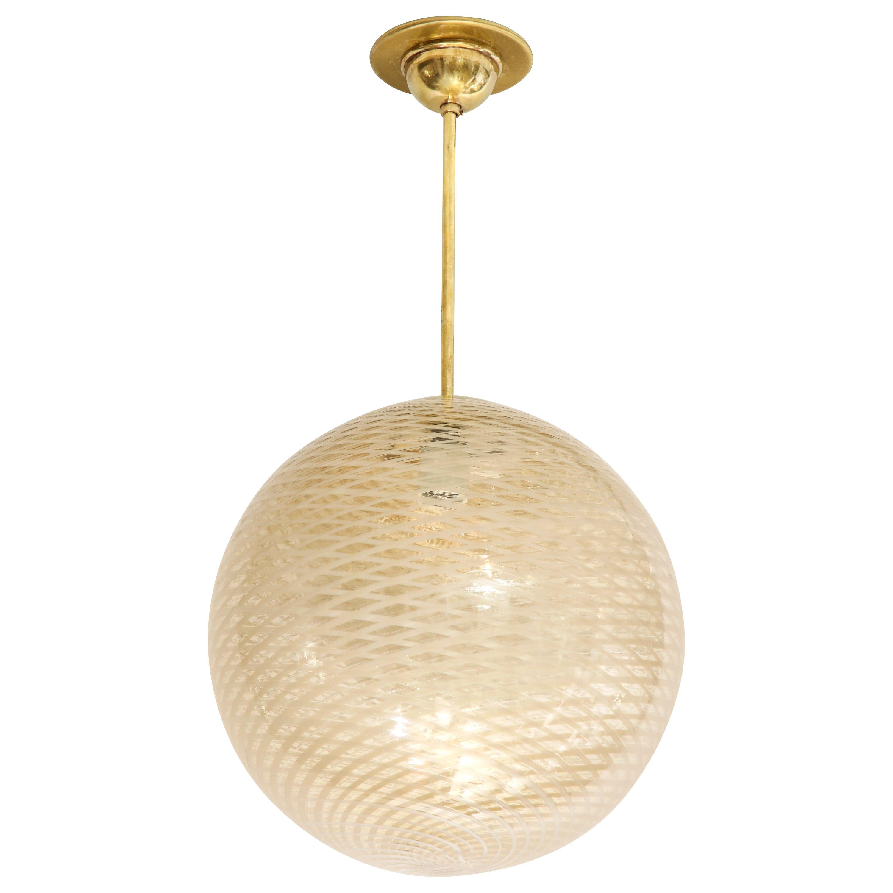 Venini Gold and Cream Italian 1930's Reticello Glass Globe Chandelier