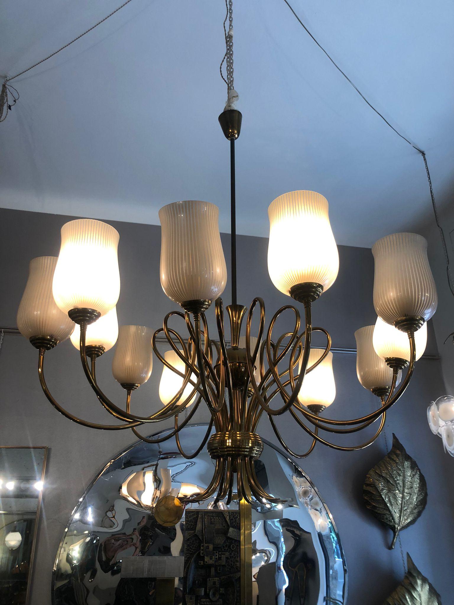 Mid-Century Modern Venini 1940s Brass Arms and Blown Glass Lampshades Chandelier, Attributed