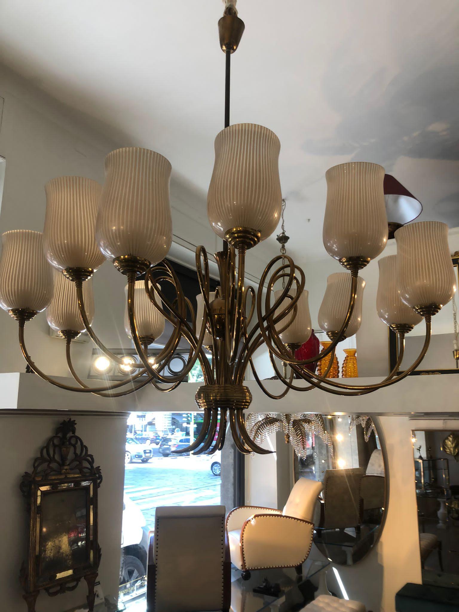 Venini 1940s Brass Arms and Blown Glass Lampshades Chandelier, Attributed 1