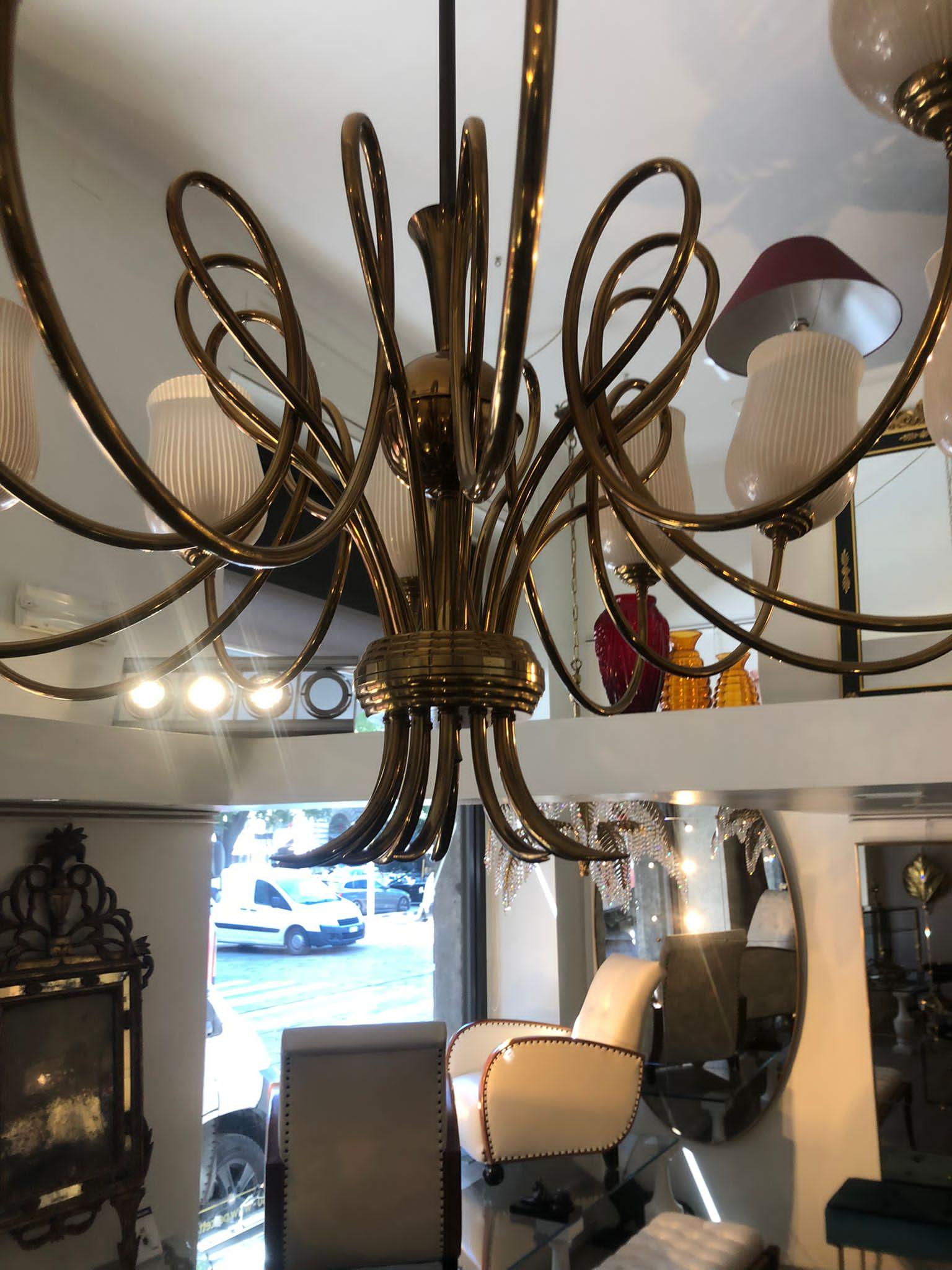 Venini 1940s Brass Arms and Blown Glass Lampshades Chandelier, Attributed 2