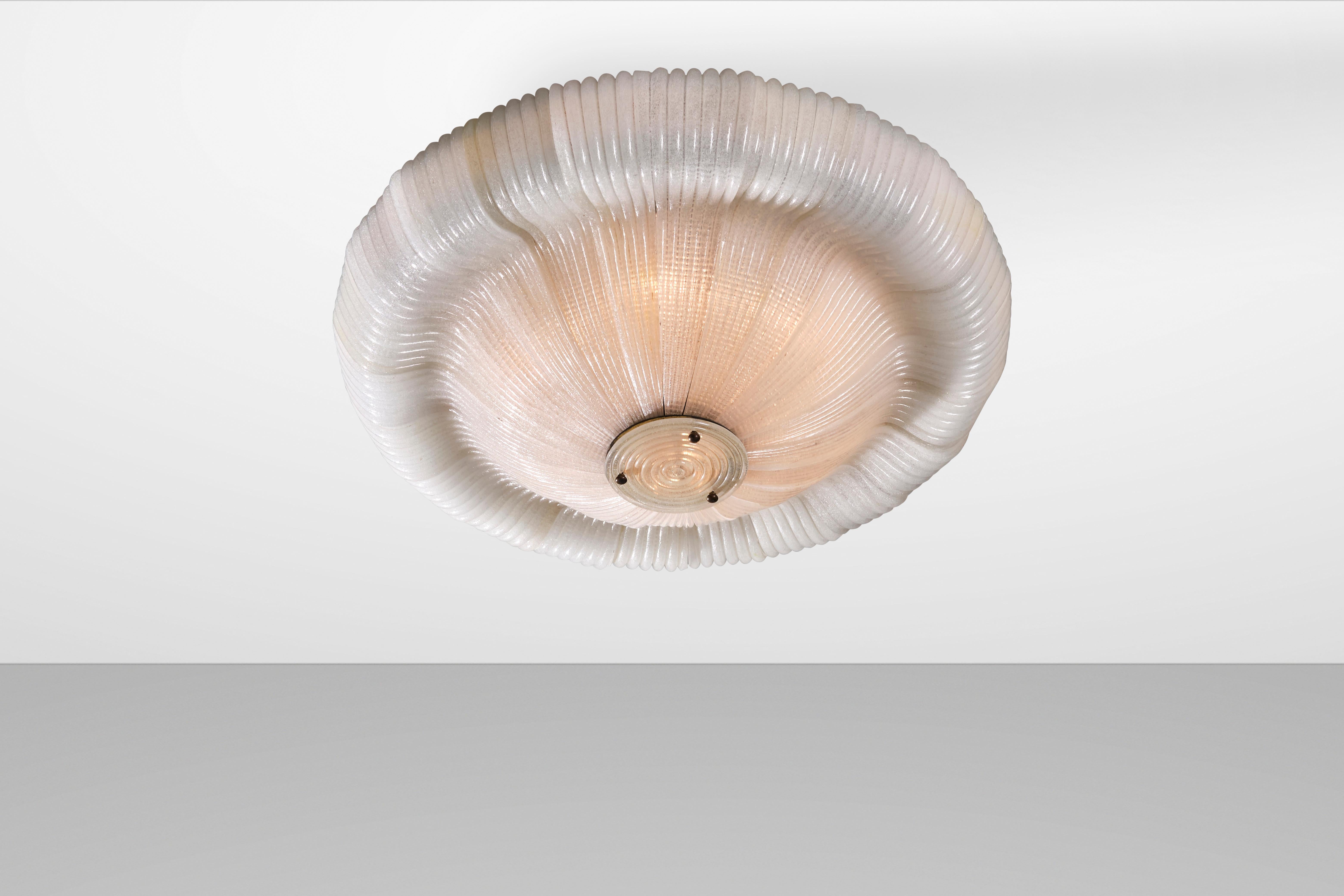 Venini 1940s Ceiling Lamp, Murano Cordonato Glass and Brass, Italian Design In Fair Condition In Milan, IT
