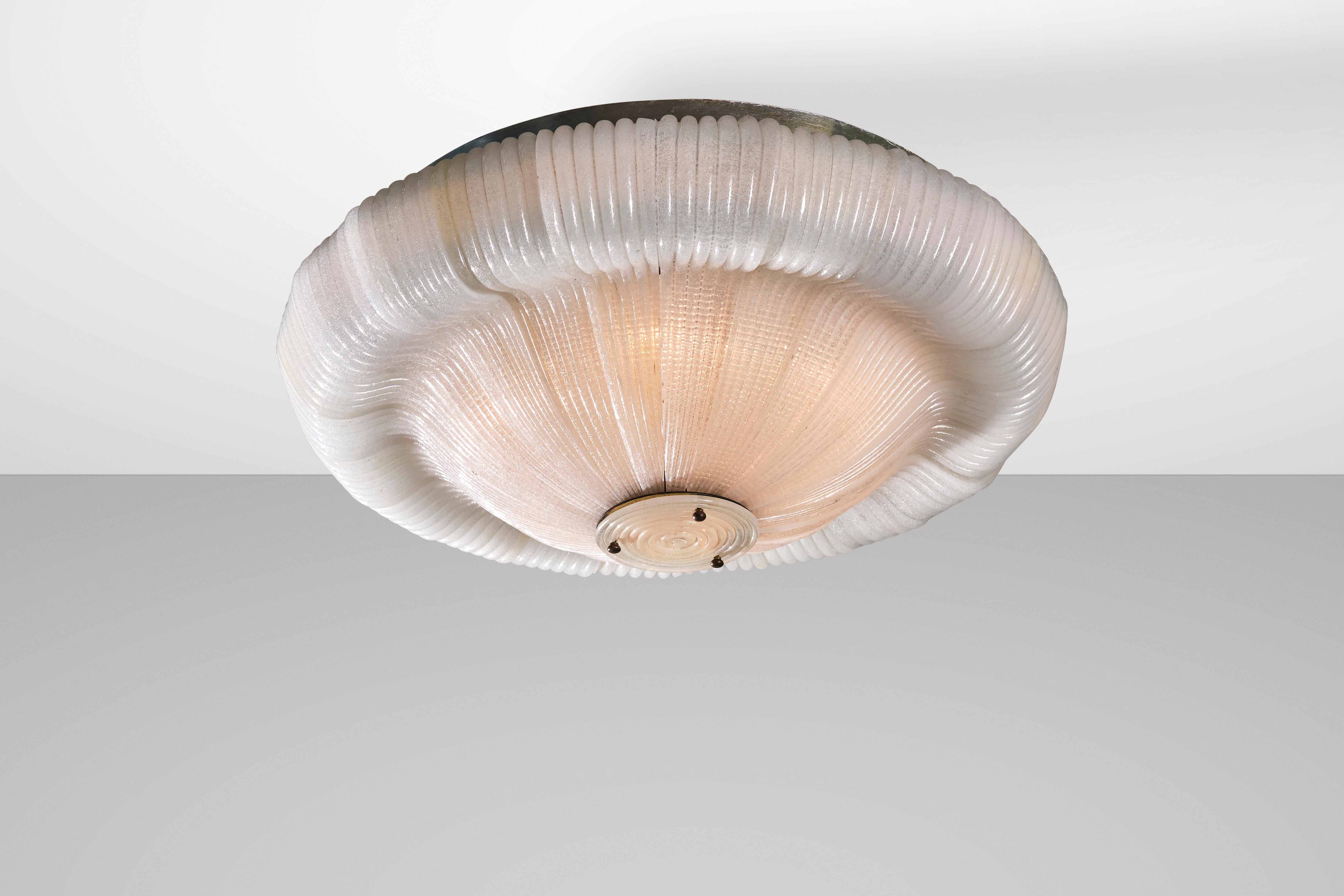 Mid-20th Century Venini 1940s Ceiling Lamp, Murano Cordonato Glass and Brass, Italian Design