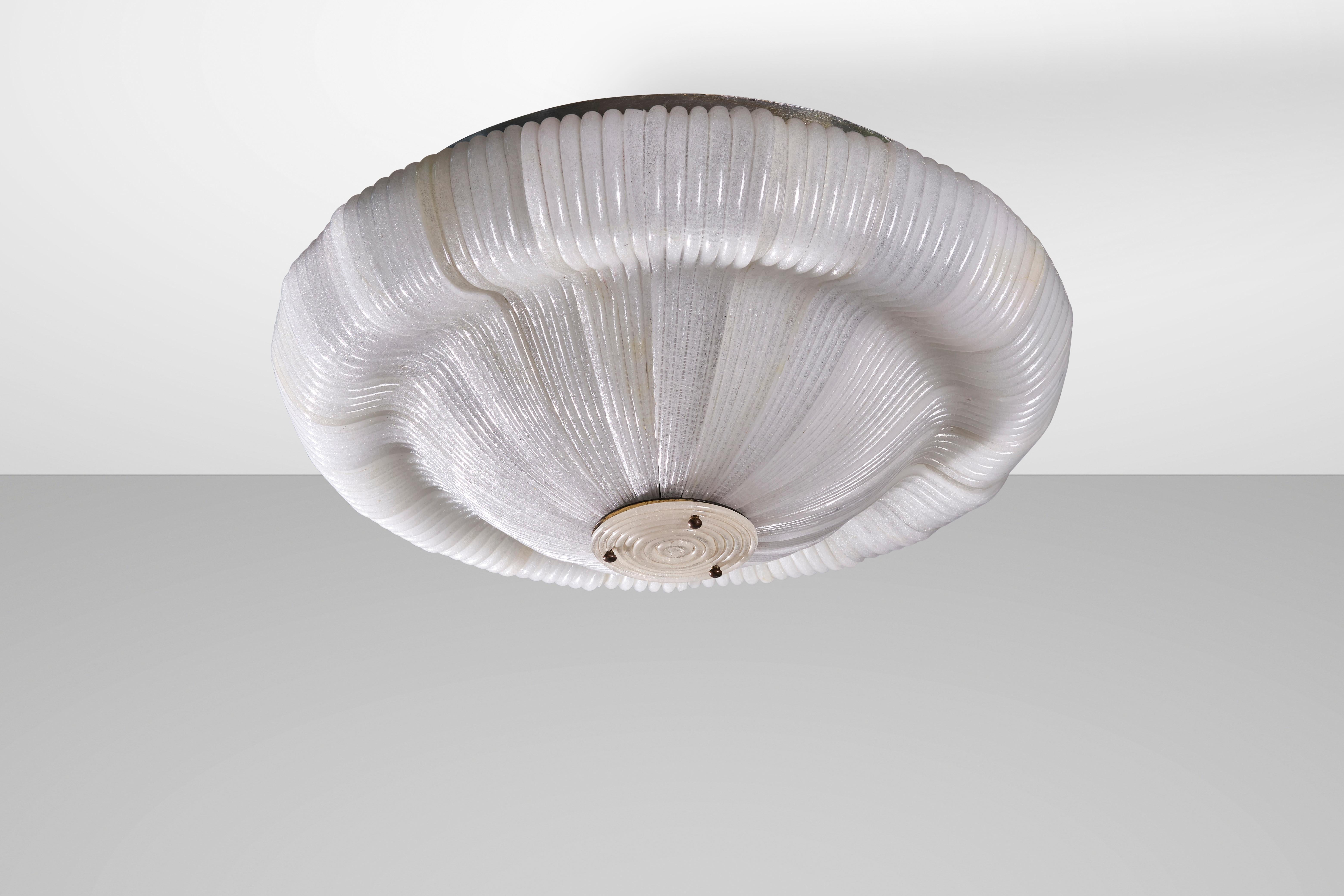 Metal Venini 1940s Ceiling Lamp, Murano Cordonato Glass and Brass, Italian Design