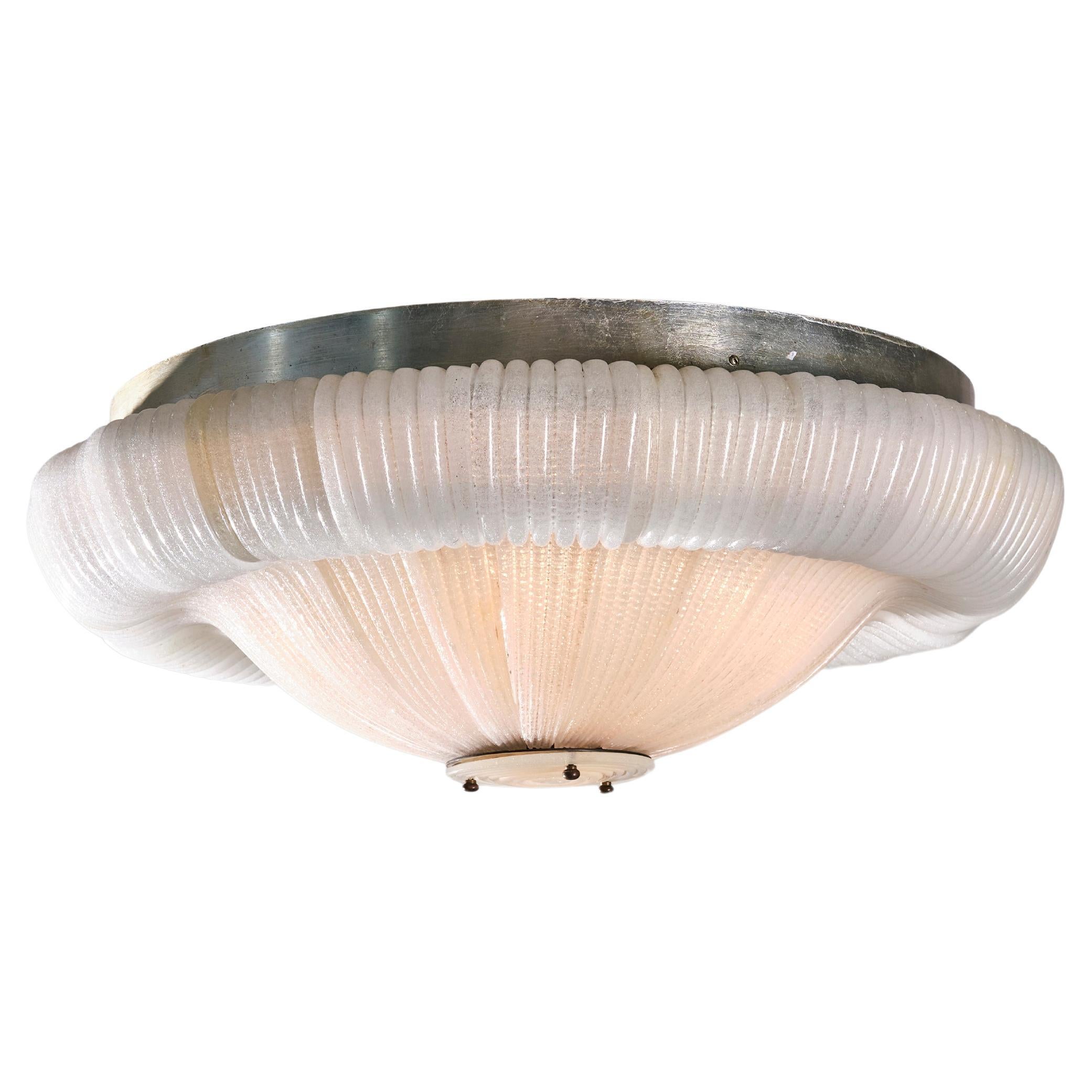 Venini 1940s Ceiling Lamp, Murano Cordonato Glass and Brass, Italian Design