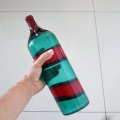 VENINI 1950 By Fulvio Bianconi Murano Blue-Green Bottle Red Fasce Orizontali