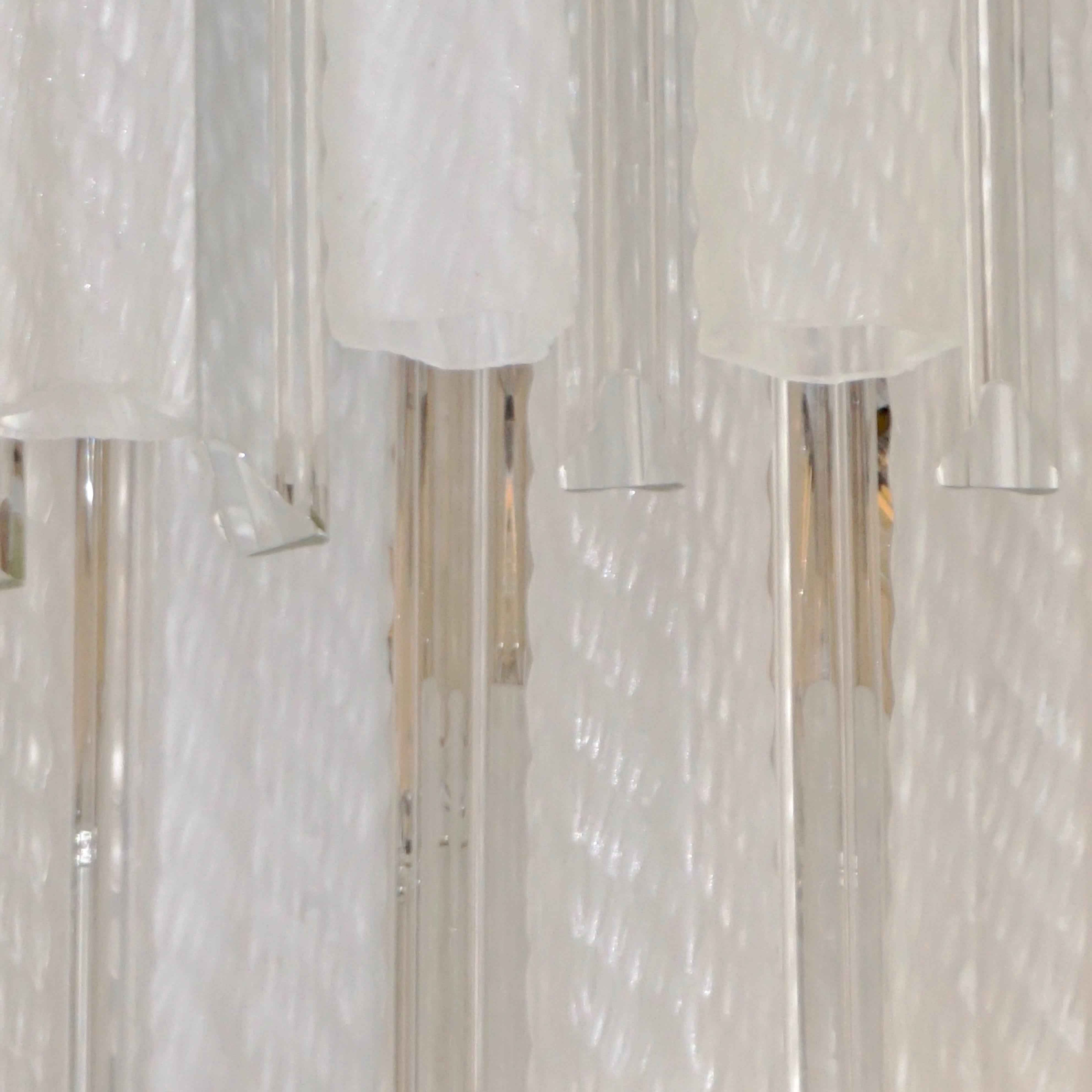 Mid-Century Modern Venini 1960s Cylinder Crystal and White Murano Glass Round Chandelier on Nickel