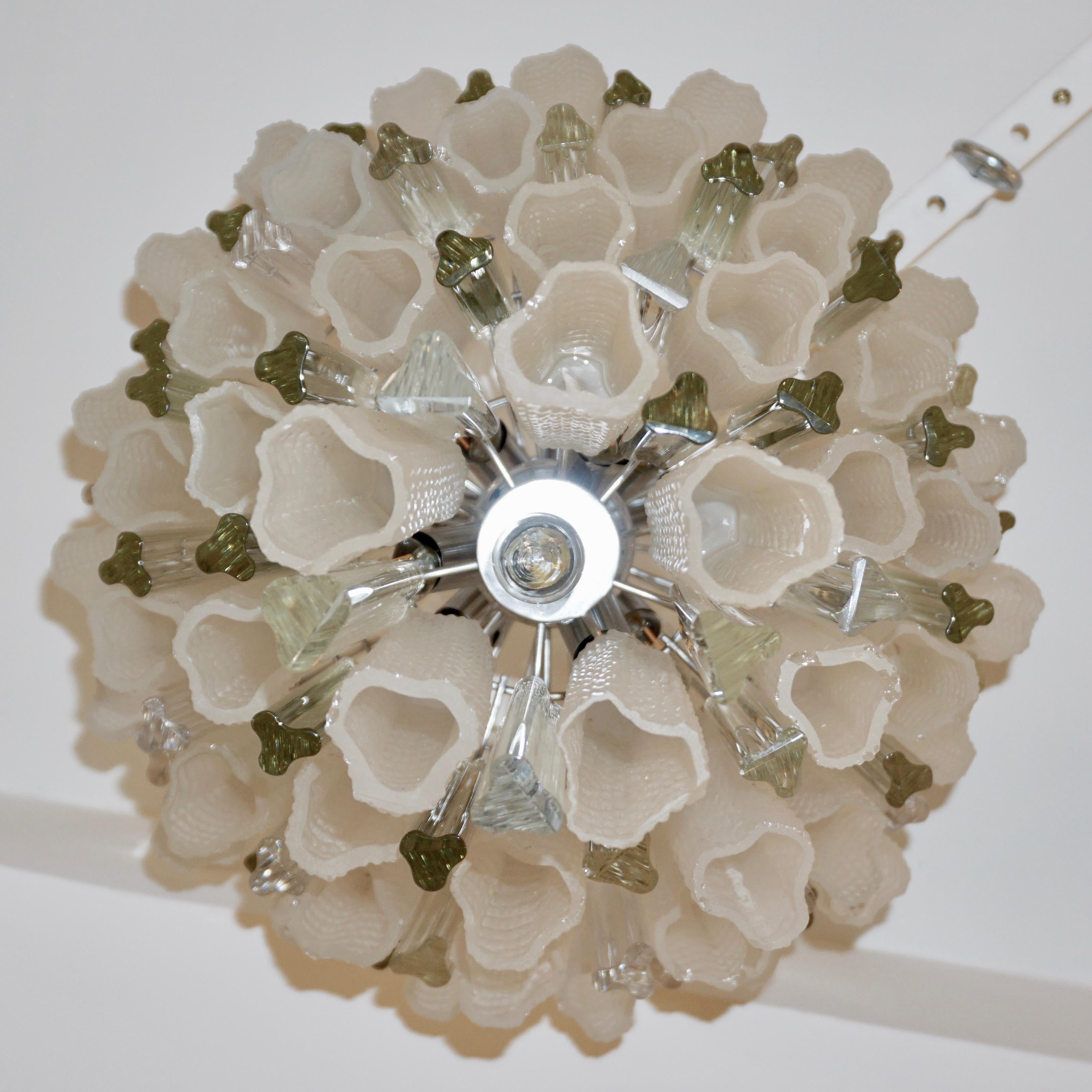 Venini 1960s Cylinder Crystal and White Murano Glass Round Chandelier on Nickel For Sale 2