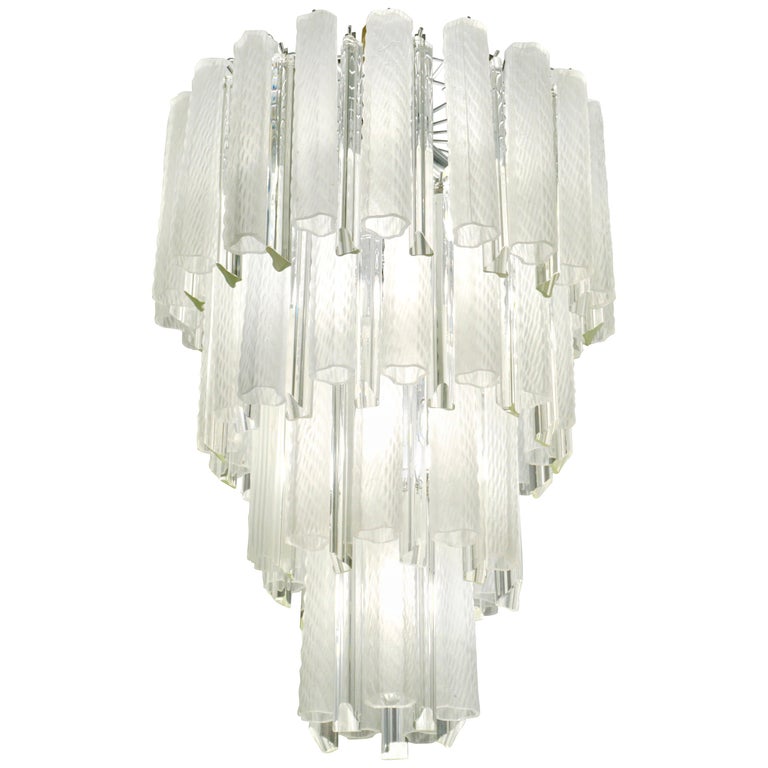 Venini 1960s Cylinder Crystal And White Murano Glass Round Chandelier On Nickel For At 1stdibs White Murano Glass Round Chandelier, Murano Glass Chandelier Crystals