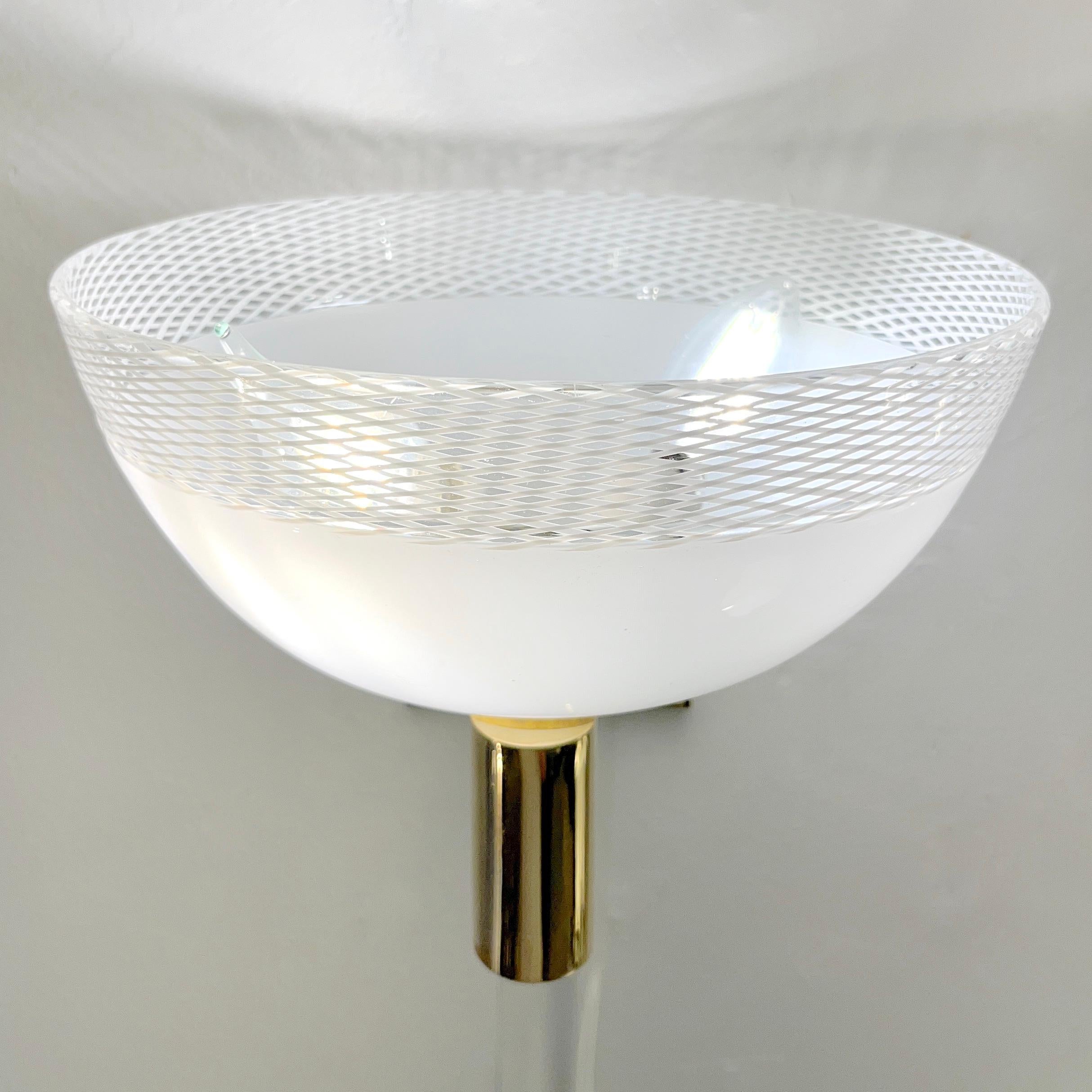 Mid-Century Modern Venini Style 1970s Italian Art Deco Design White Murano Glass Bowl Brass Sconces For Sale