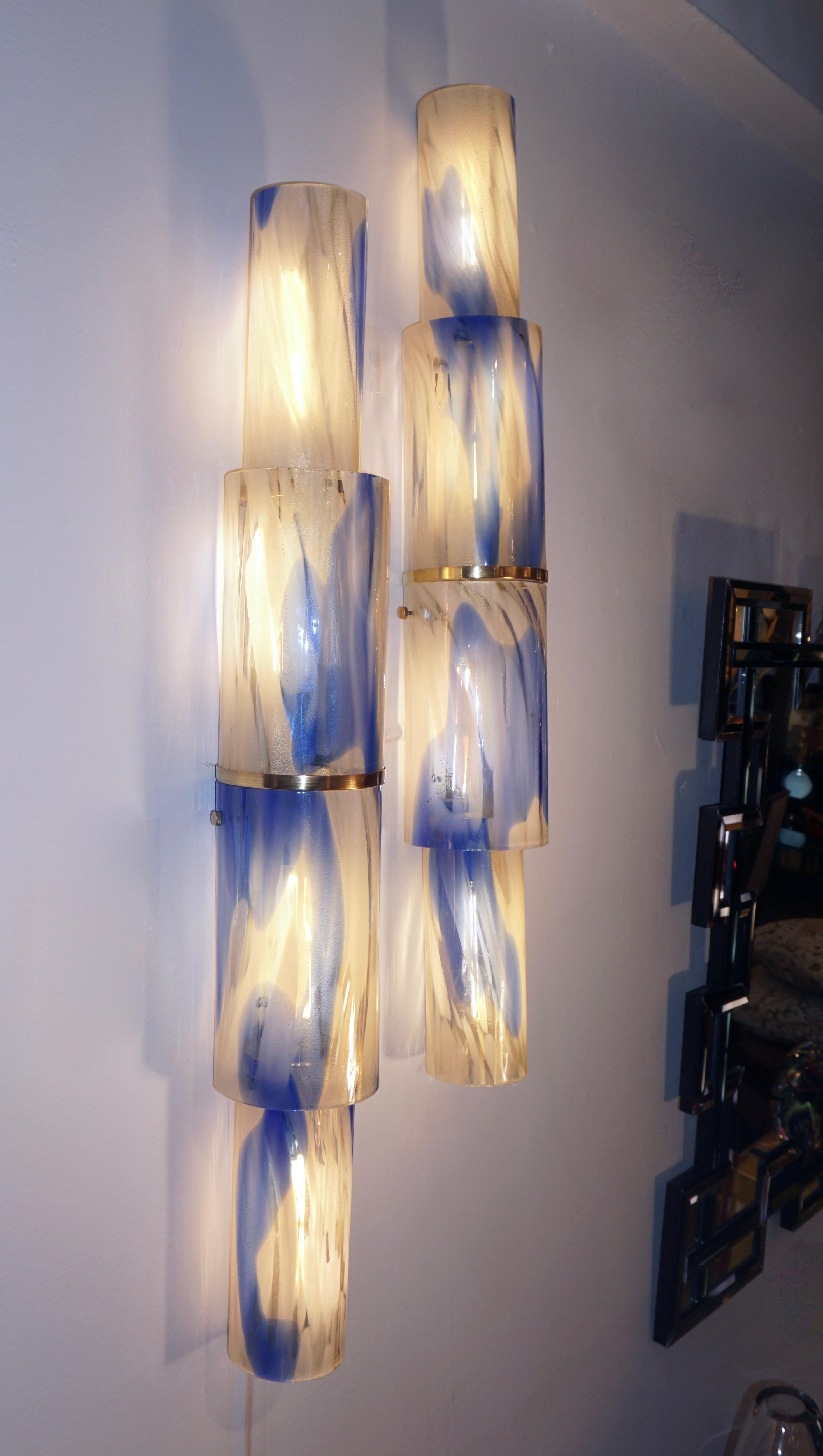 Venini 1960s Organic White Blue Gold Murano Glass Tall Modern Wall Lights 6