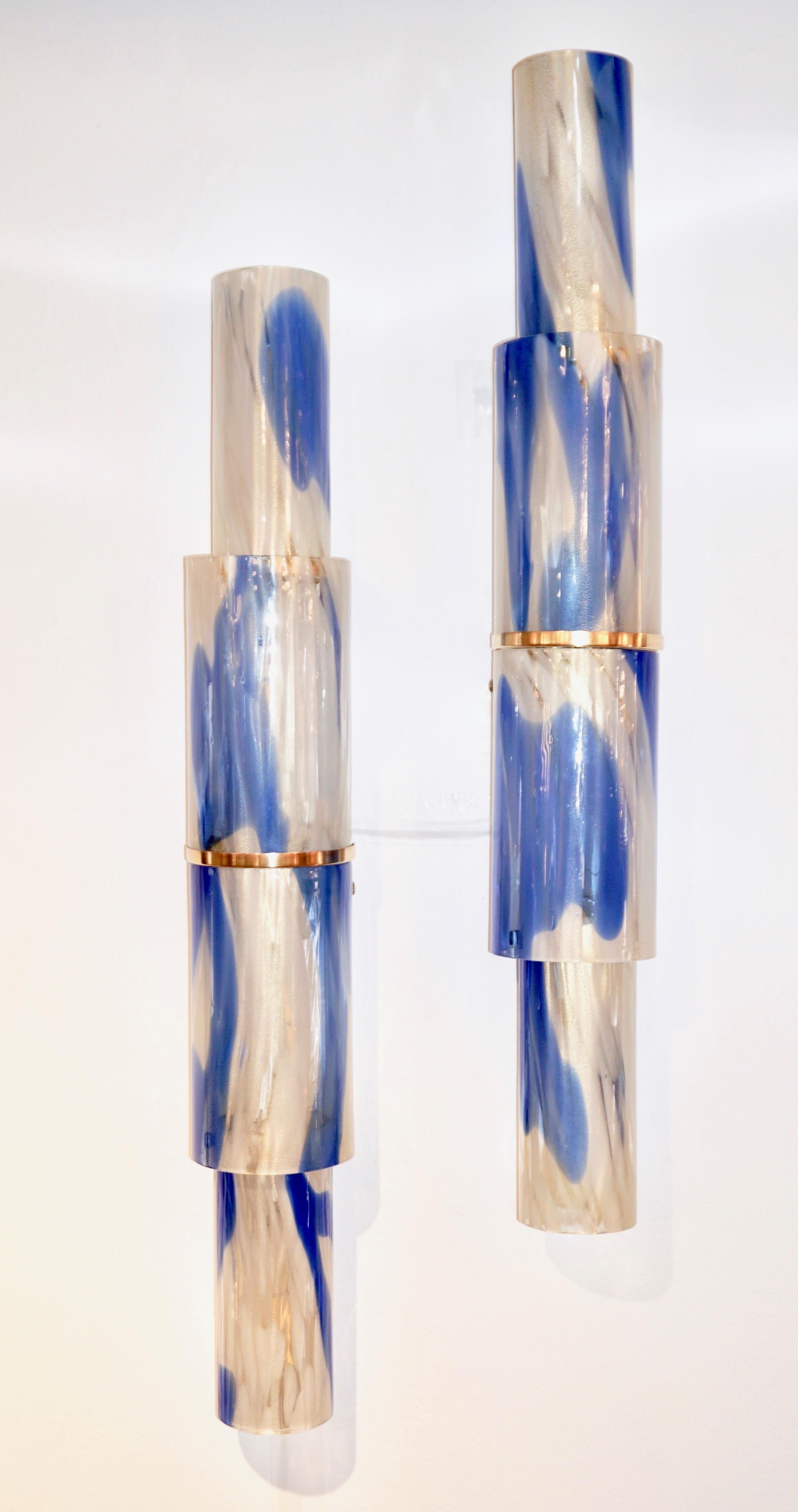 Venini 1960s Organic White Blue Gold Murano Glass Tall Modern Wall Lights 7