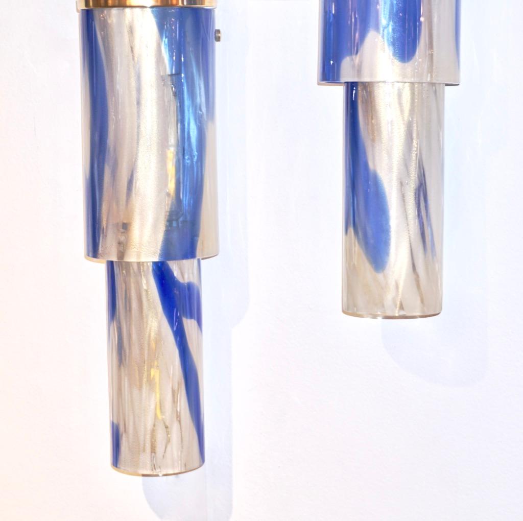 Italian Venini 1960s Organic White Blue Gold Murano Glass Tall Modern Wall Lights