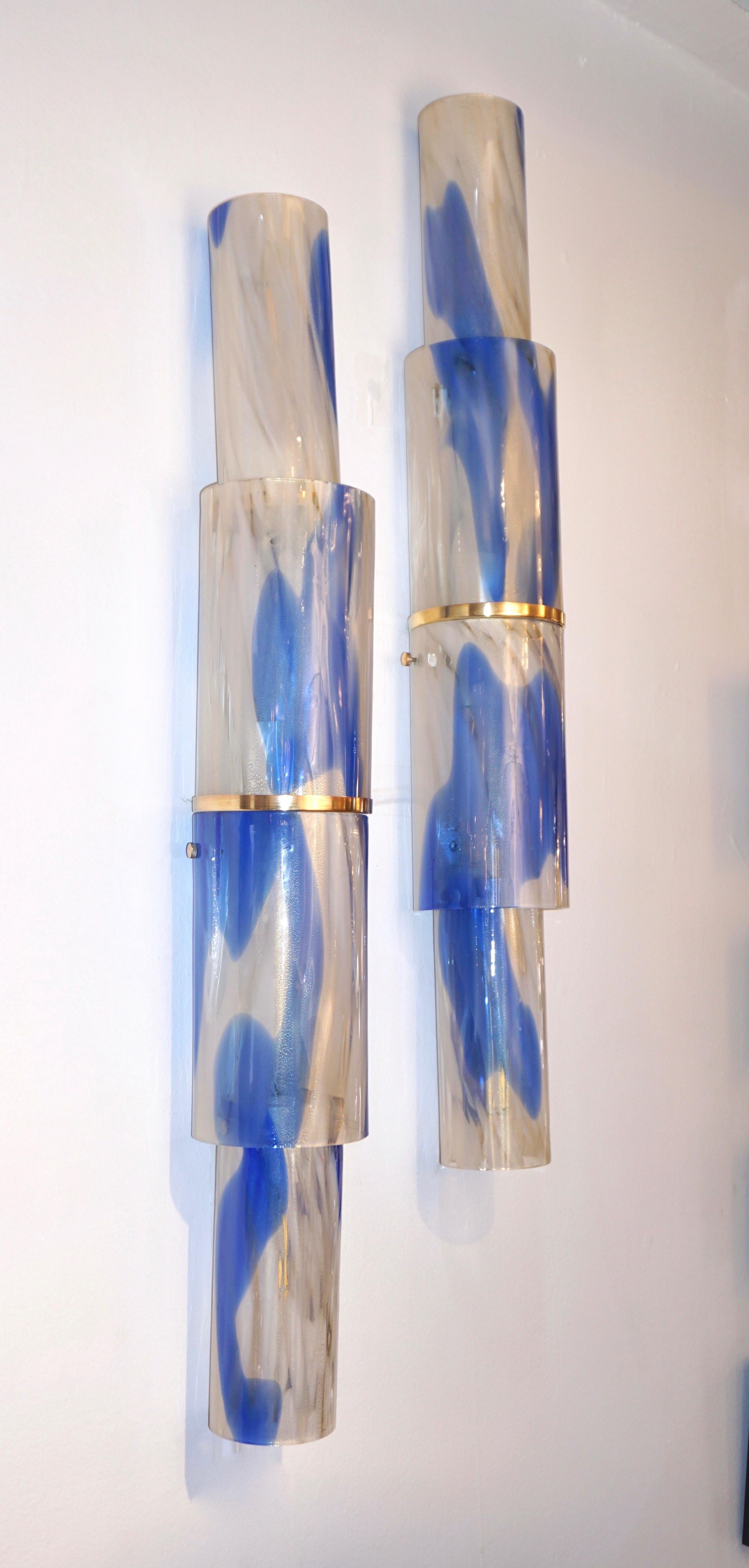 Venini 1960s Organic White Blue Gold Murano Glass Tall Modern Wall Lights In Good Condition In New York, NY