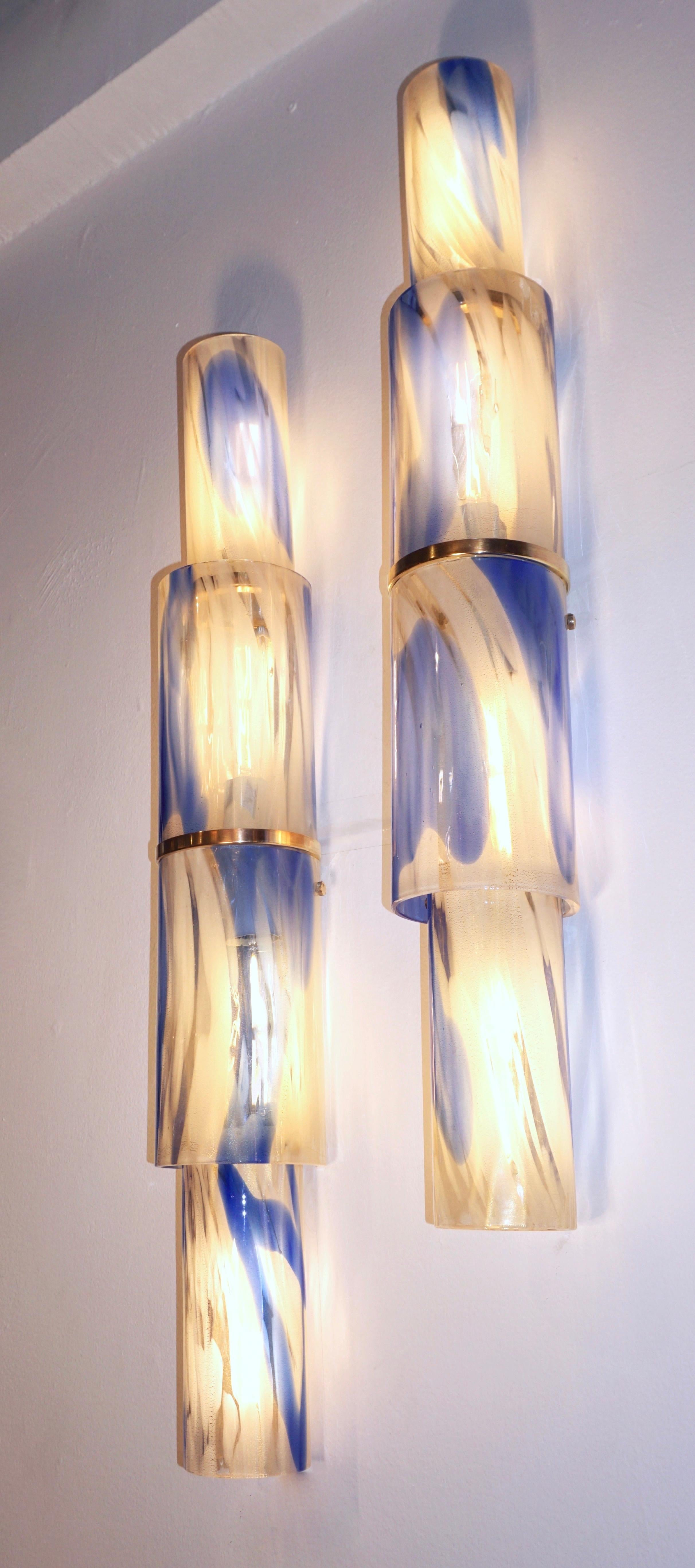 Mid-20th Century Venini 1960s Organic White Blue Gold Murano Glass Tall Modern Wall Lights