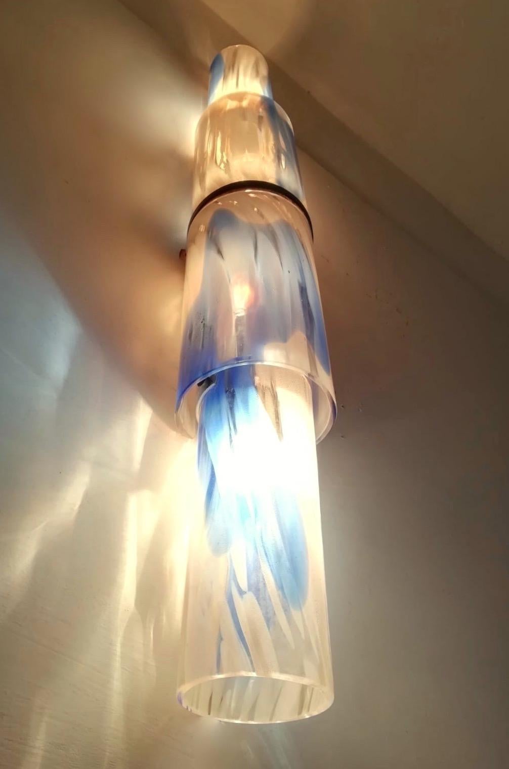 Brass Venini 1960s Organic White Blue Gold Murano Glass Tall Modern Wall Lights