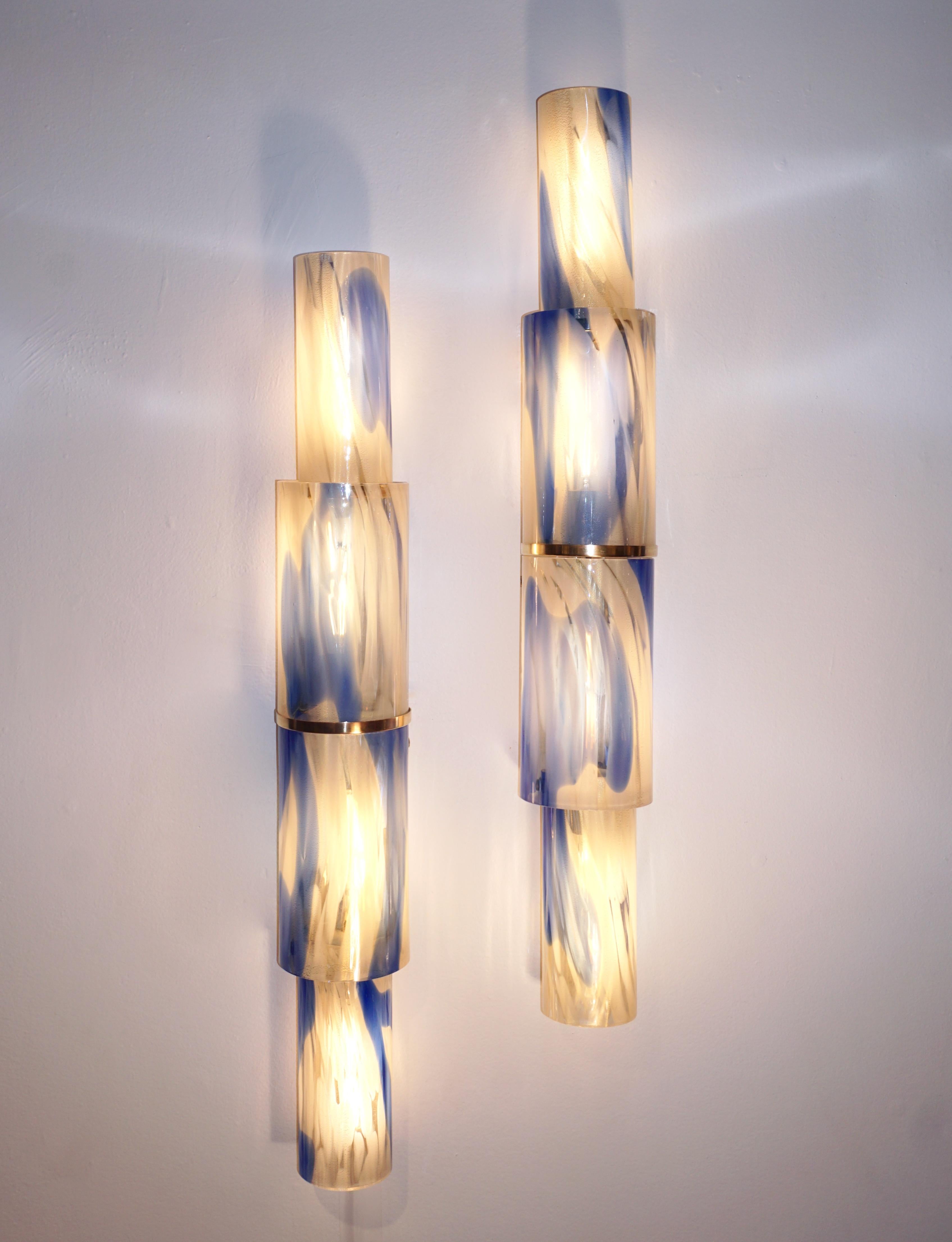 Venini 1960s Organic White Blue Gold Murano Glass Tall Modern Wall Lights 2