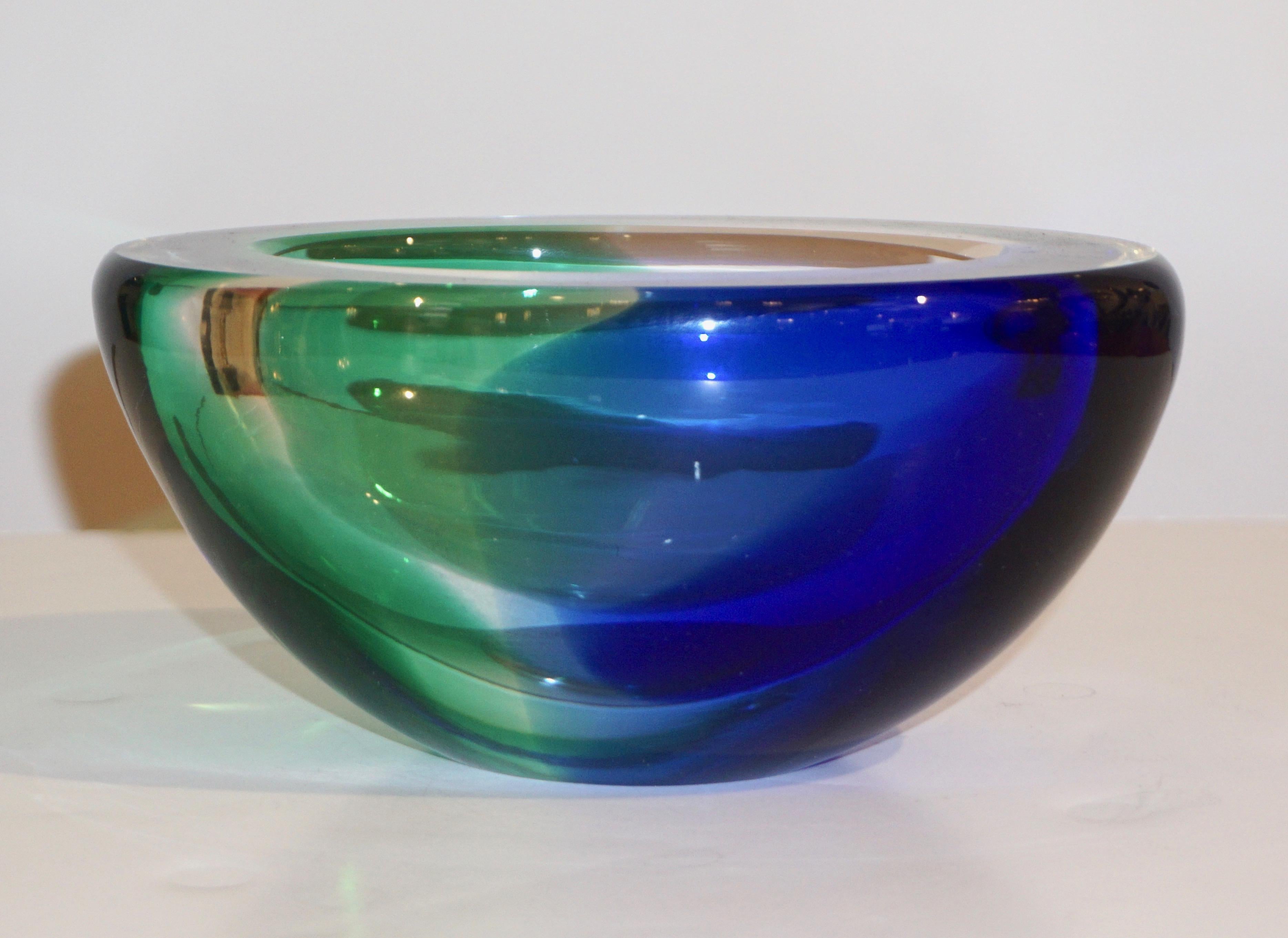 Venini 1970s Italian Murano Glass Geometric Oval Blue Green Murano Glass Bowl 6