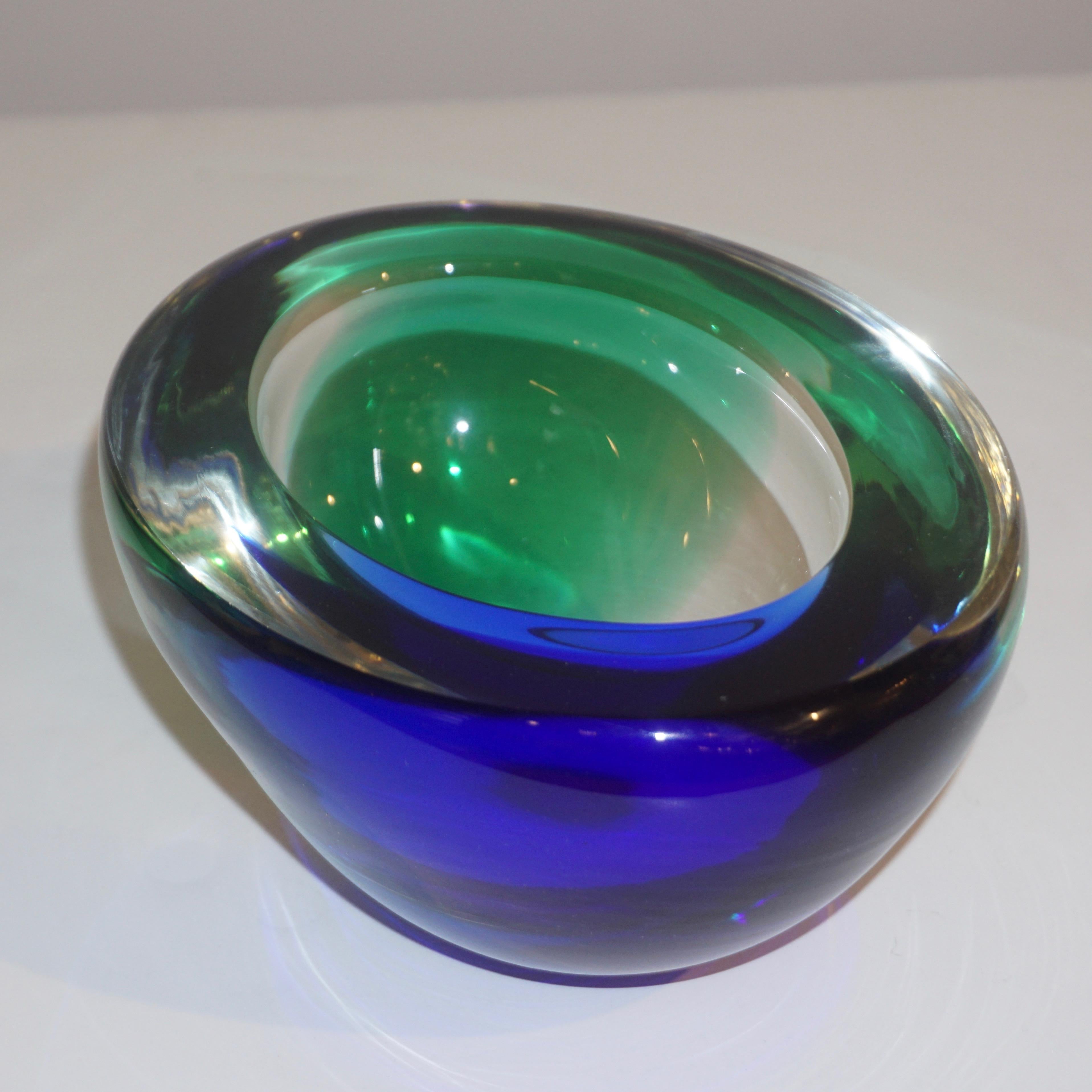 Venini 1970s Italian Murano Glass Geometric Oval Blue Green Murano Glass Bowl 7