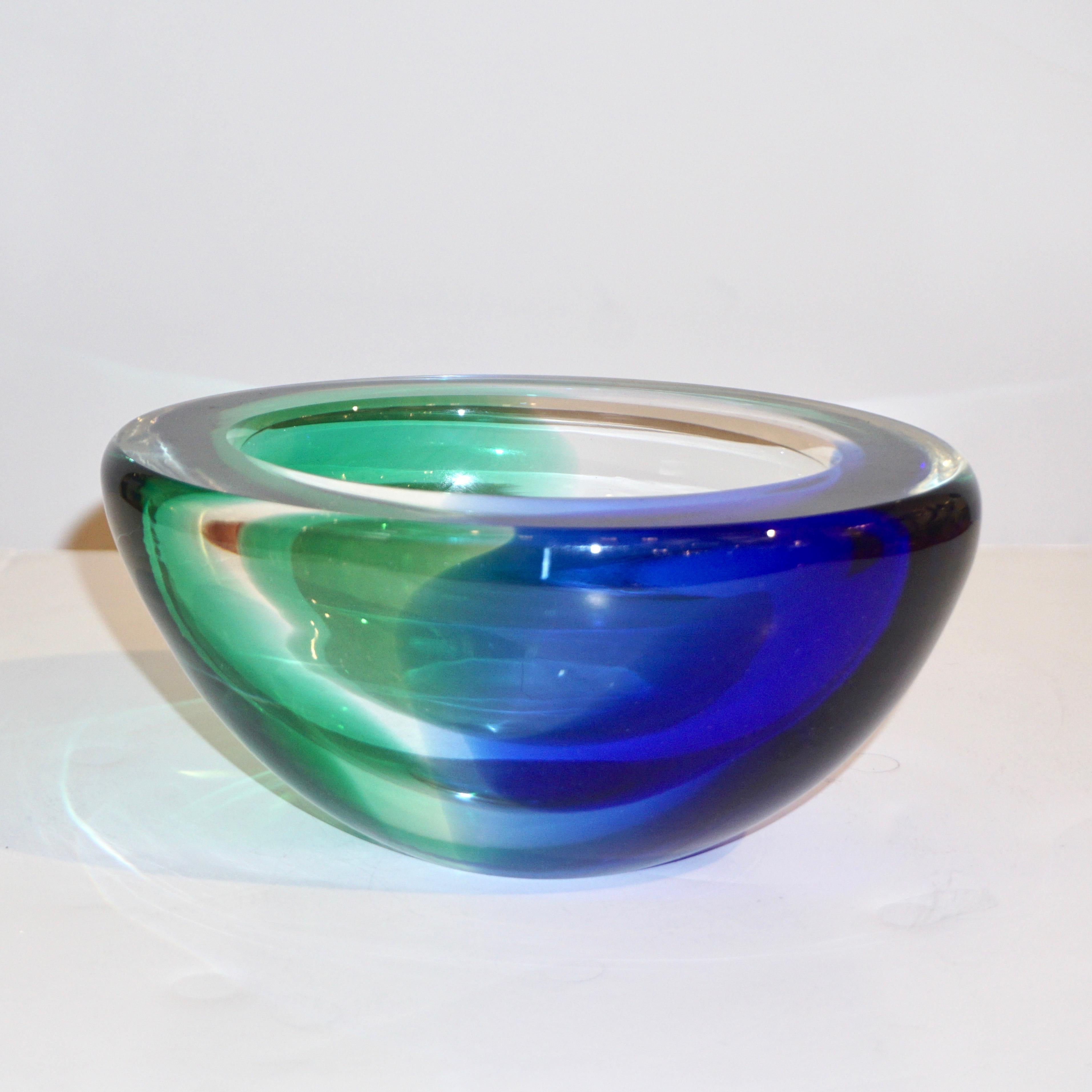 Venini 1970s Italian Murano Glass Geometric Oval Blue Green Murano Glass Bowl 8