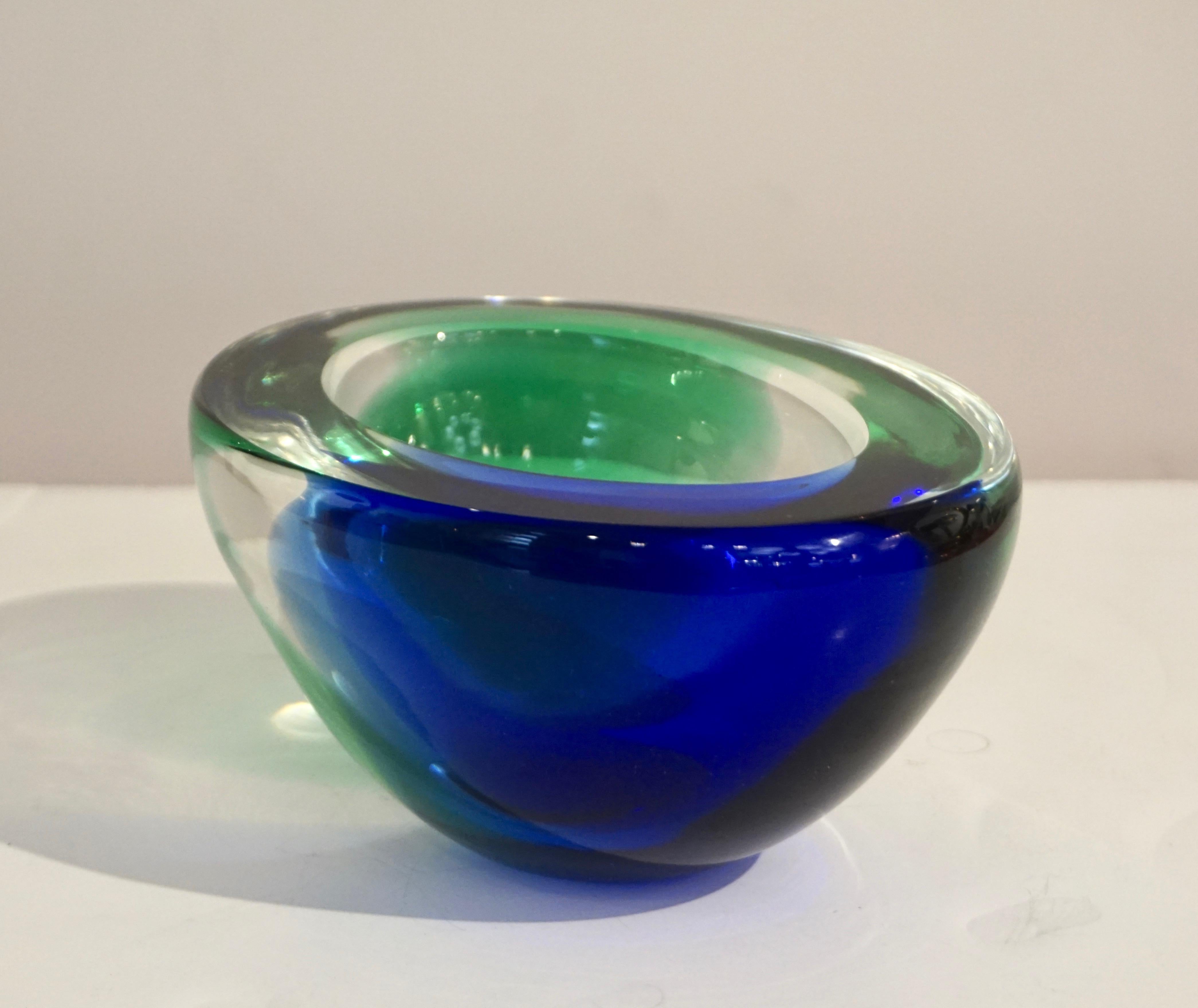 Late 20th Century Venini 1970s Italian Murano Glass Geometric Oval Blue Green Murano Glass Bowl