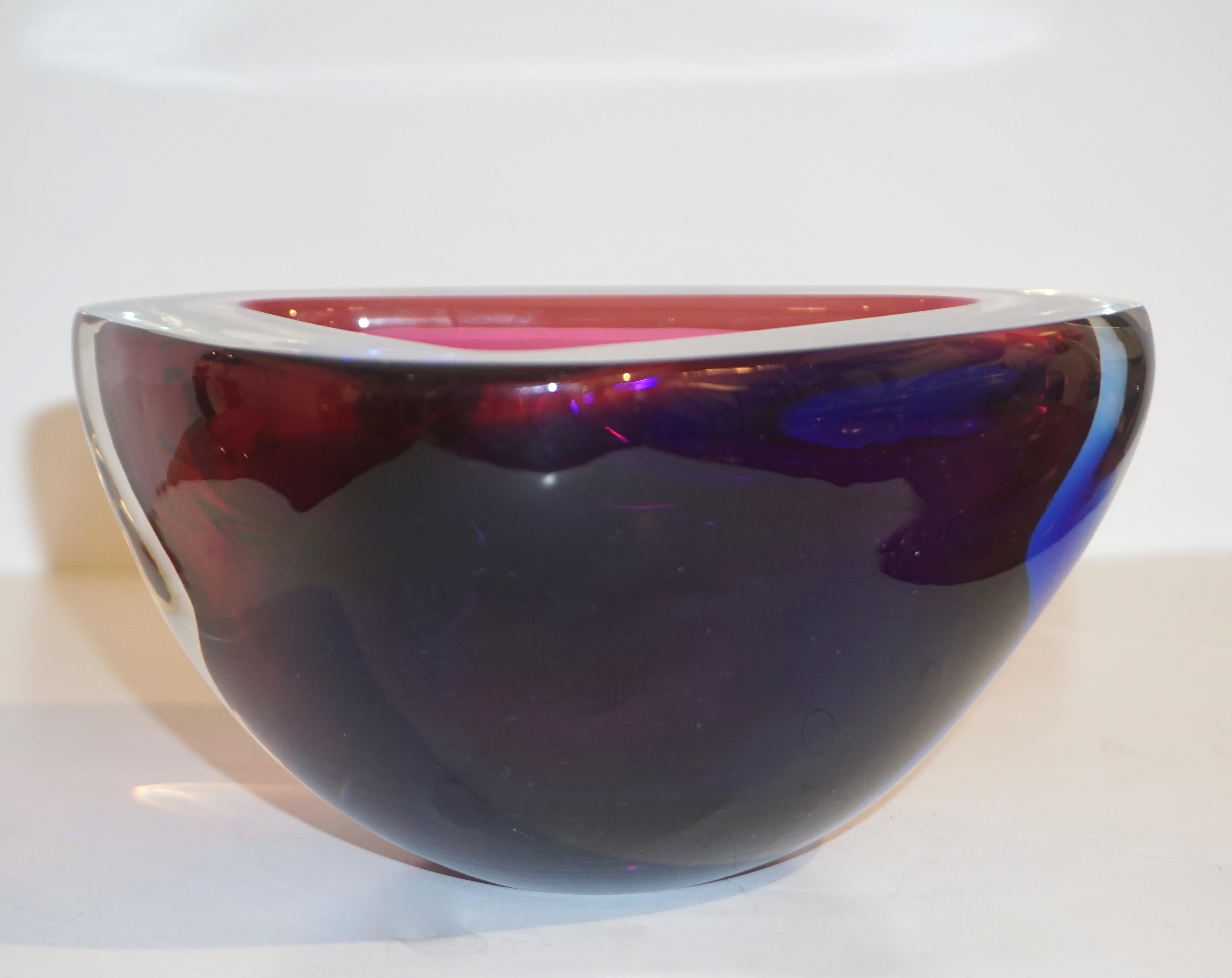 Organic Modern Venini 1970s Italian Murano Glass Triangular Magenta and Blue Murano Glass Bowl