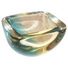 Venini 1970s Italian Square Golden Yellow and Acqua Green Murano Glass Bowl