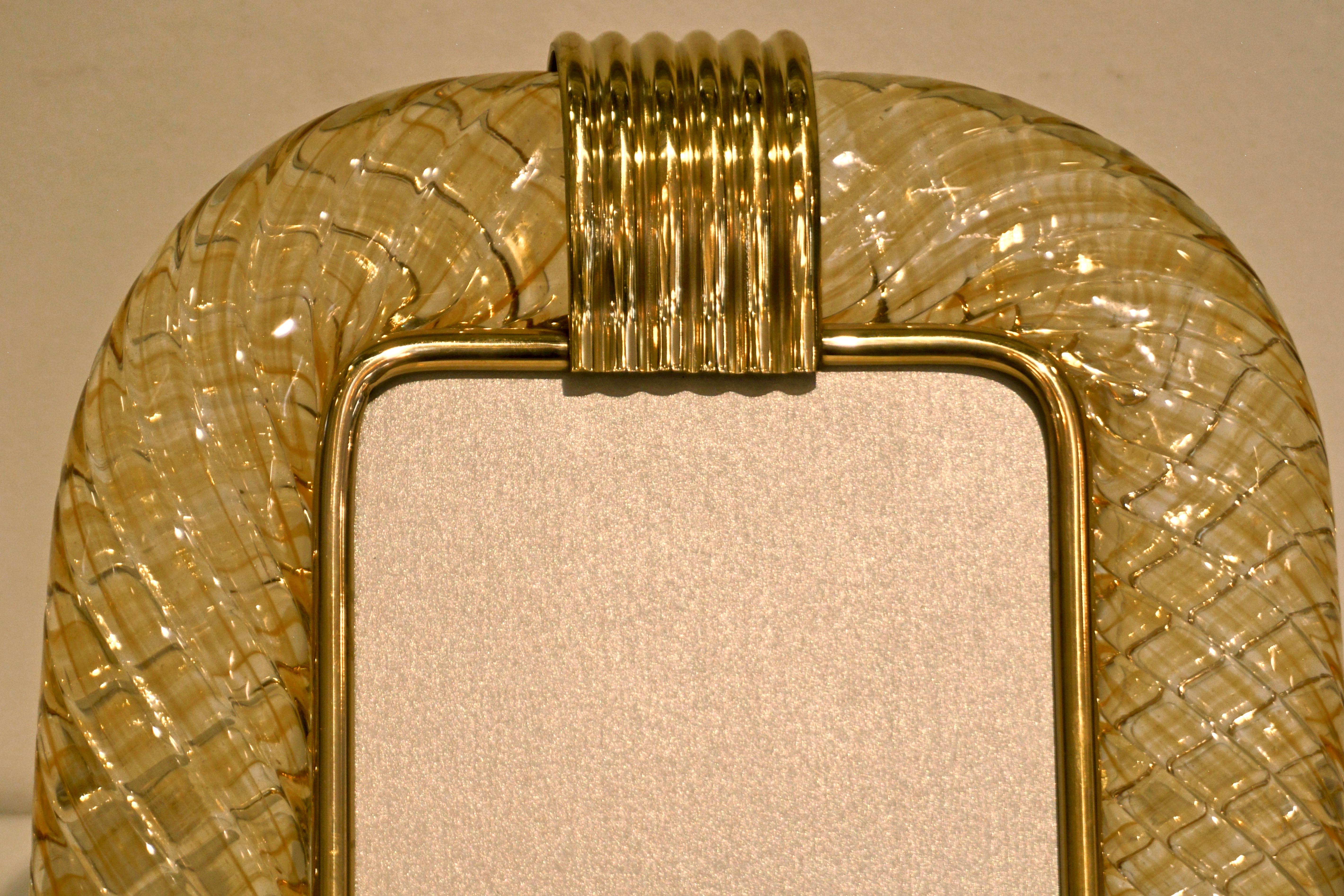 Venini 1970s Italian Vintage Amber Gold Murano Glass and Brass Photo Frame In Excellent Condition In New York, NY